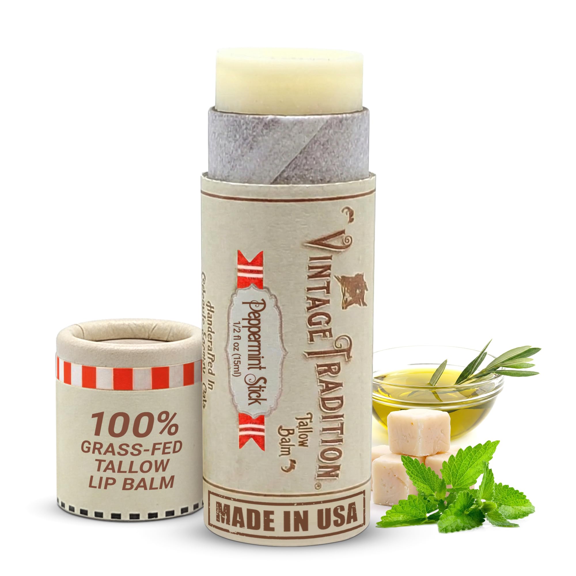 Vintage Tradition Beef Tallow Lip Balm — Peppermint Tube Moisturizer, Hydrates Dry Lips, Grass-Fed Tallow, 0.5 fl oz