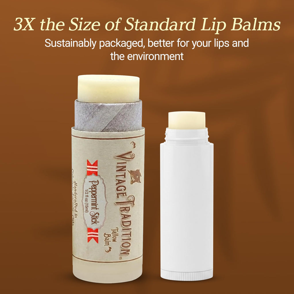 Vintage Tradition Beef Tallow Lip Balm — Peppermint Tube Moisturizer, Hydrates Dry Lips, Grass-Fed Tallow, 0.5 fl oz
