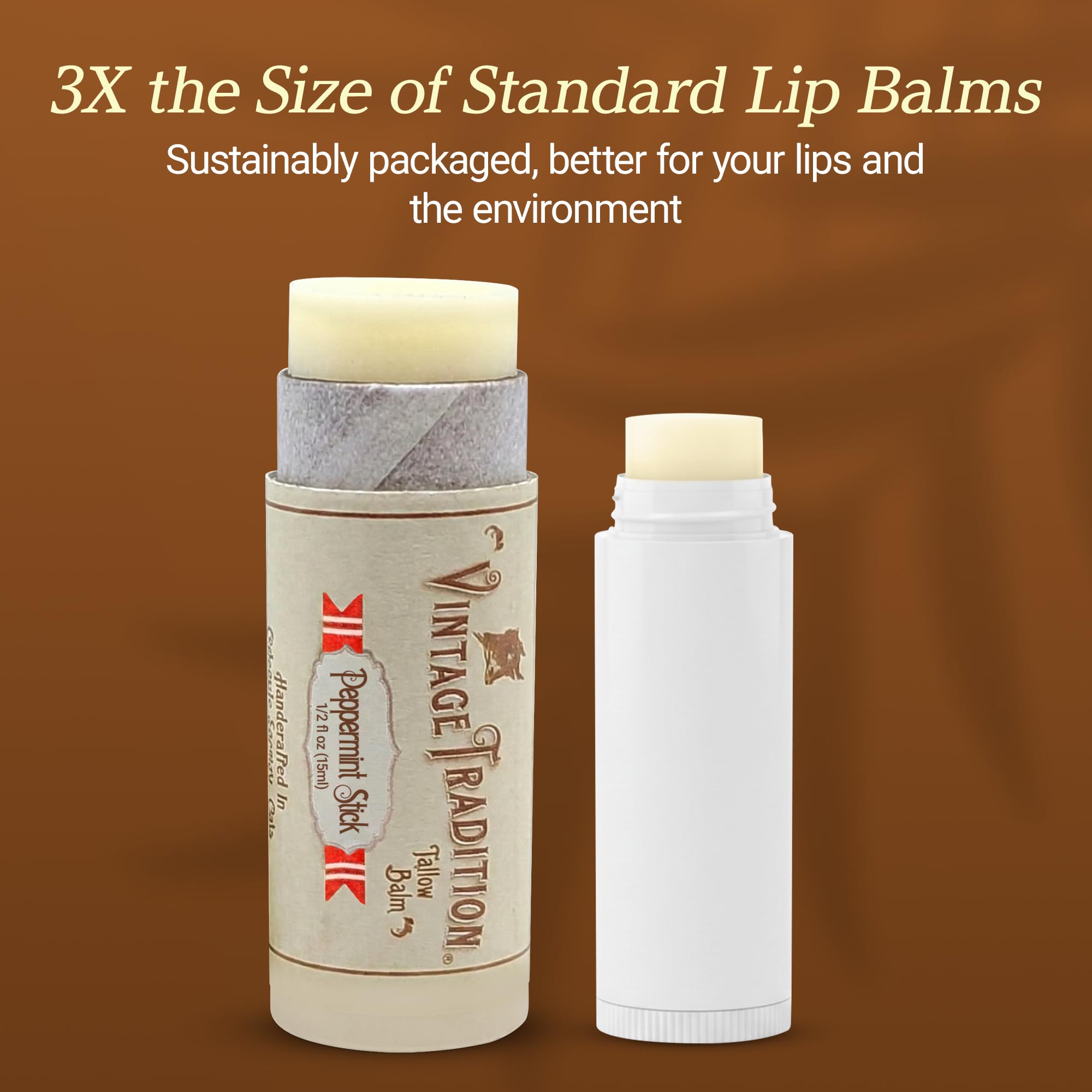 Vintage Tradition Beef Tallow Lip Balm — Peppermint Tube Moisturizer, Hydrates Dry Lips, Grass-Fed Tallow, 0.5 fl oz