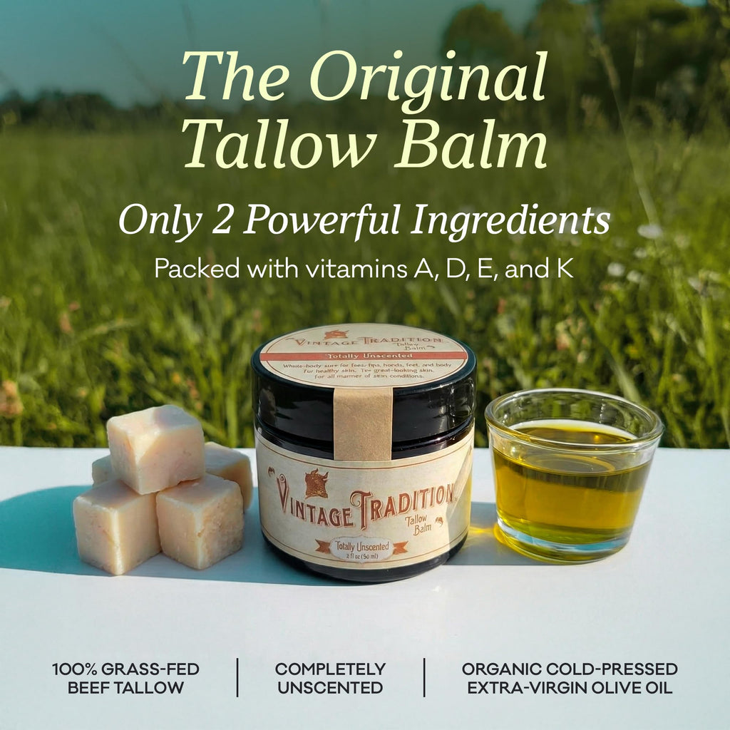 Vintage Tradition Beef Tallow Balm – Unscented Skin Care with Olive Oil + Grass-Fed Tallow, 2 oz