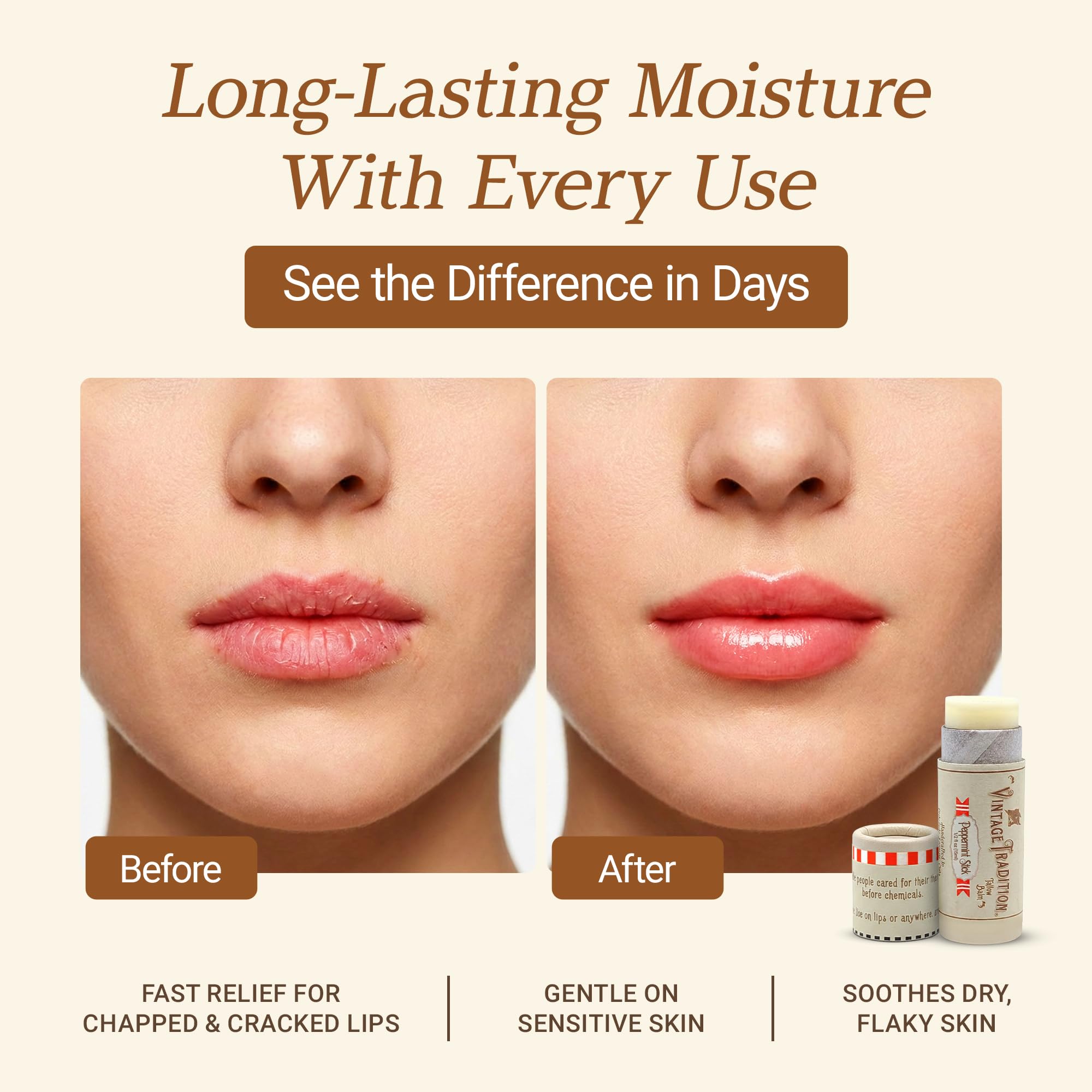 Vintage Tradition Beef Tallow Lip Balm — Peppermint Tube Moisturizer, Hydrates Dry Lips, Grass-Fed Tallow, 0.5 fl oz