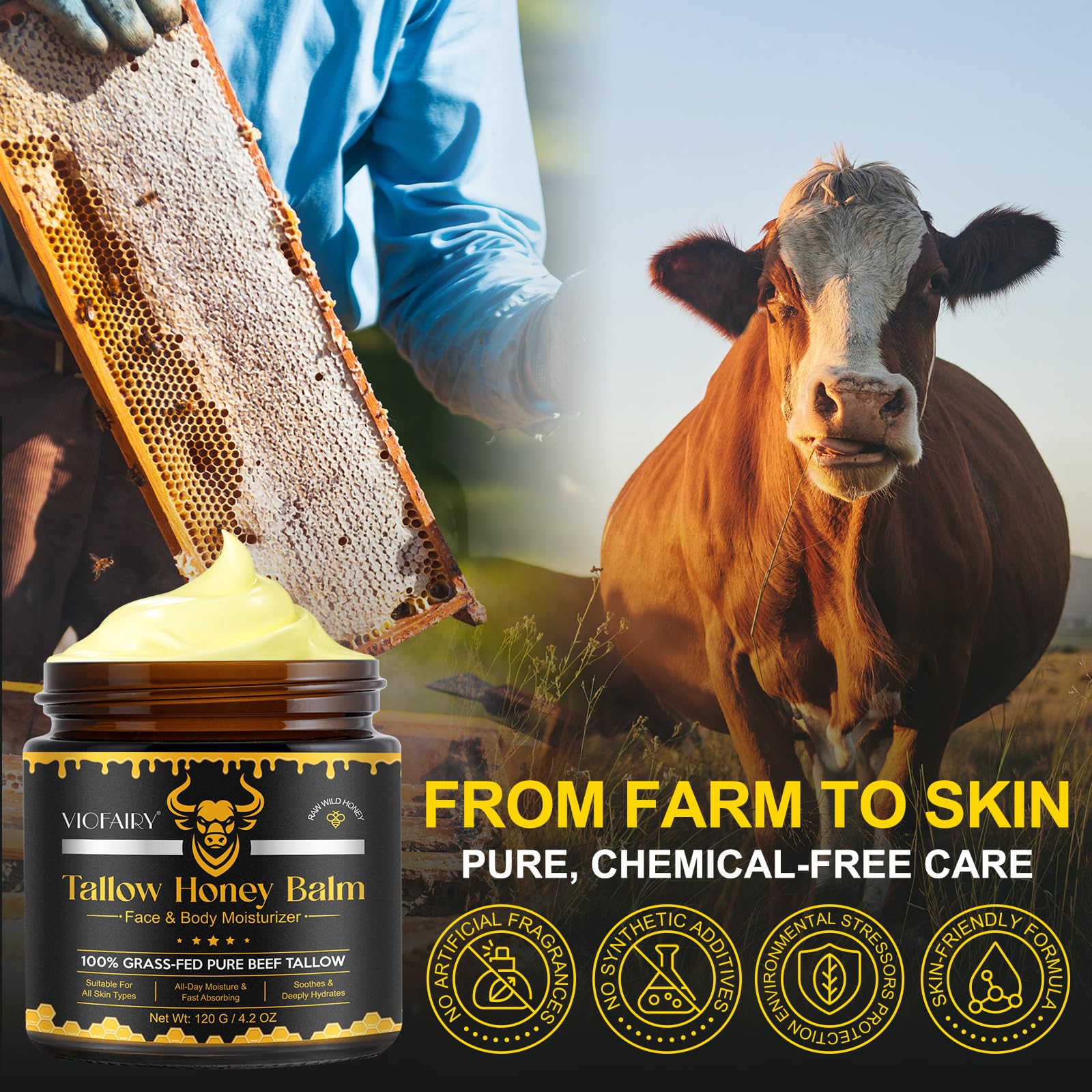 VIOFAIRY Beef Tallow Balm with Raw Honey – Grass-Fed Tallow & Wild Honey, Organic Face & Body Moisturizer, 4.2 oz