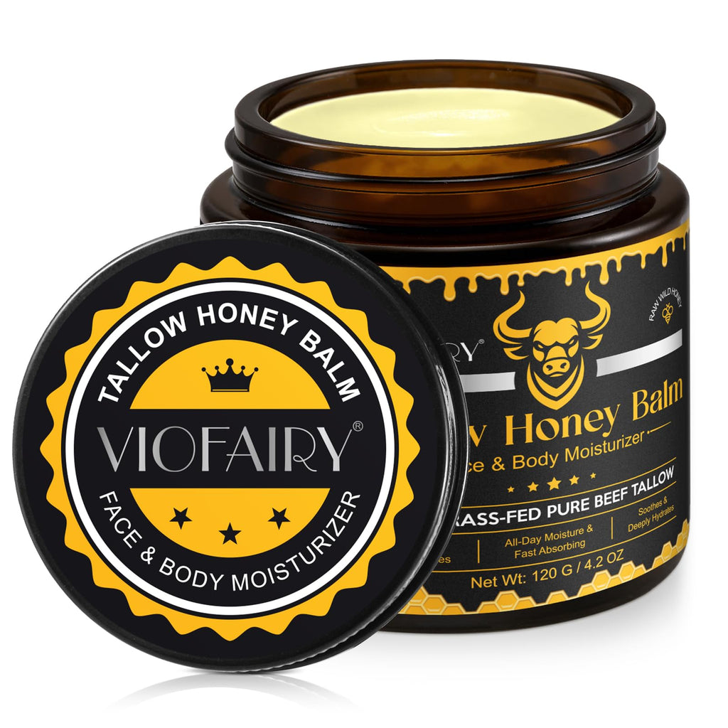VIOFAIRY Beef Tallow Balm with Raw Honey – Grass-Fed Tallow & Wild Honey, Organic Face & Body Moisturizer, 4.2 oz