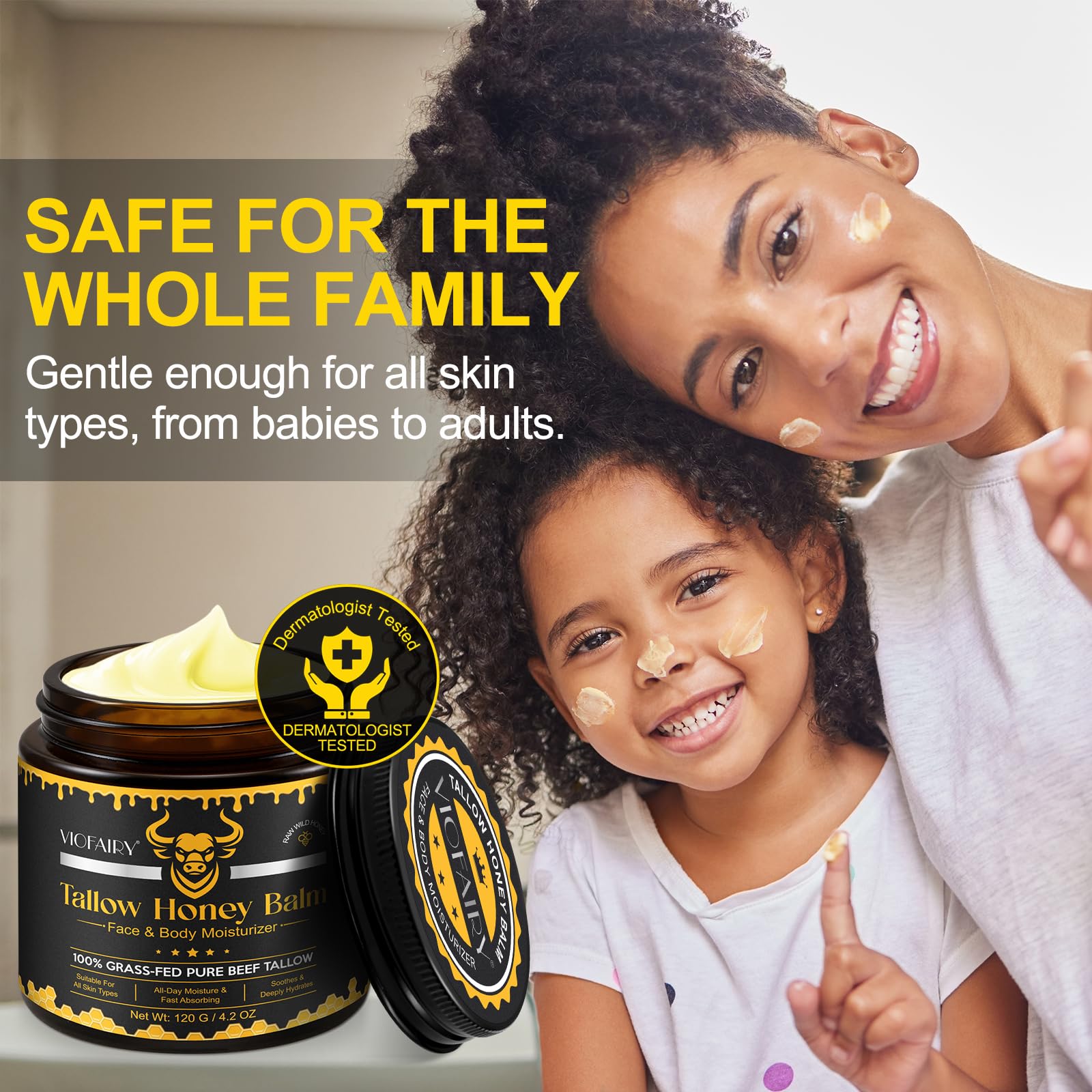 VIOFAIRY Beef Tallow Balm with Raw Honey – Grass-Fed Tallow & Wild Honey, Organic Face & Body Moisturizer, 4.2 oz