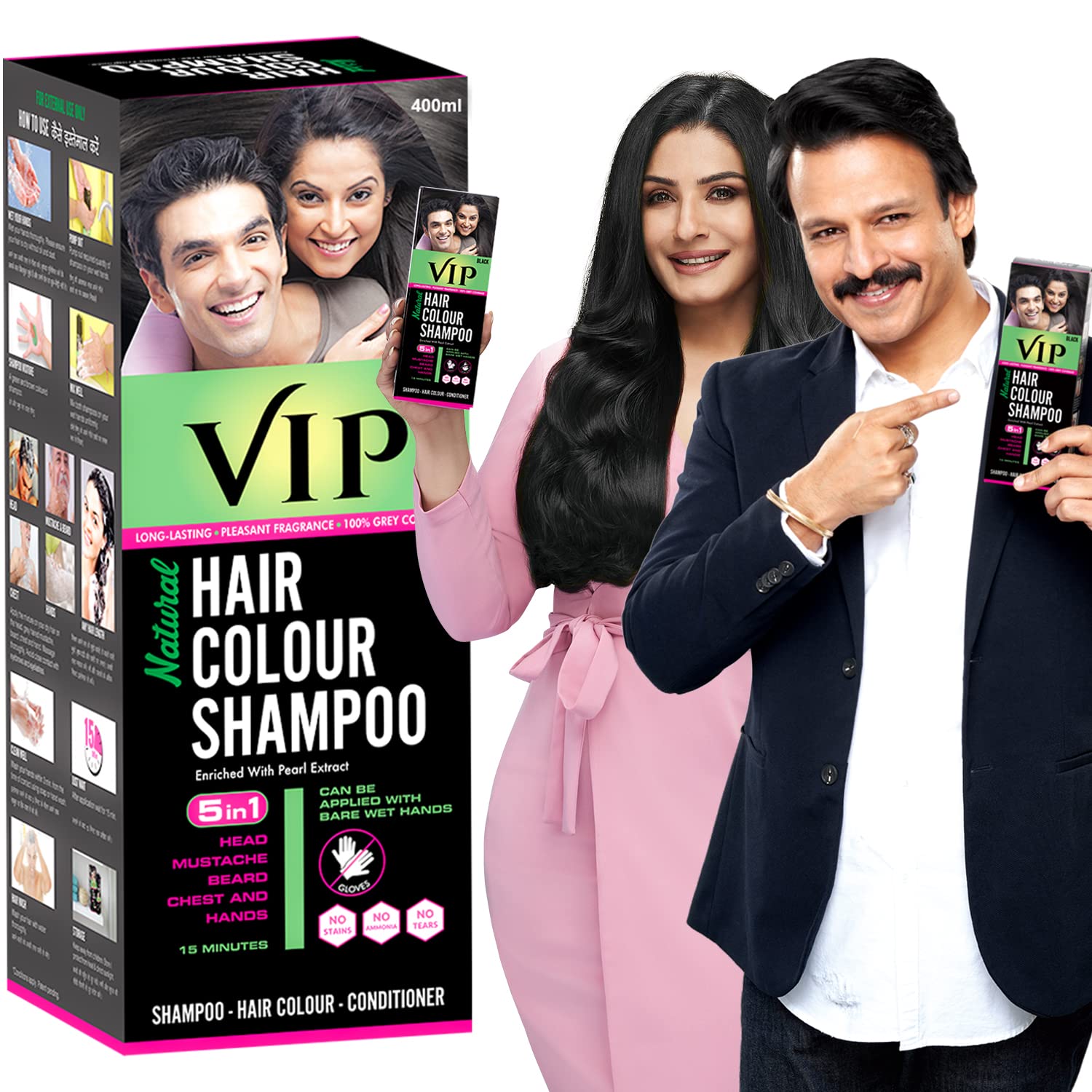 VIP Hair Colour Shampoo, 400ml – 3 in 1 Hair Color, Conditioner & Shampoo