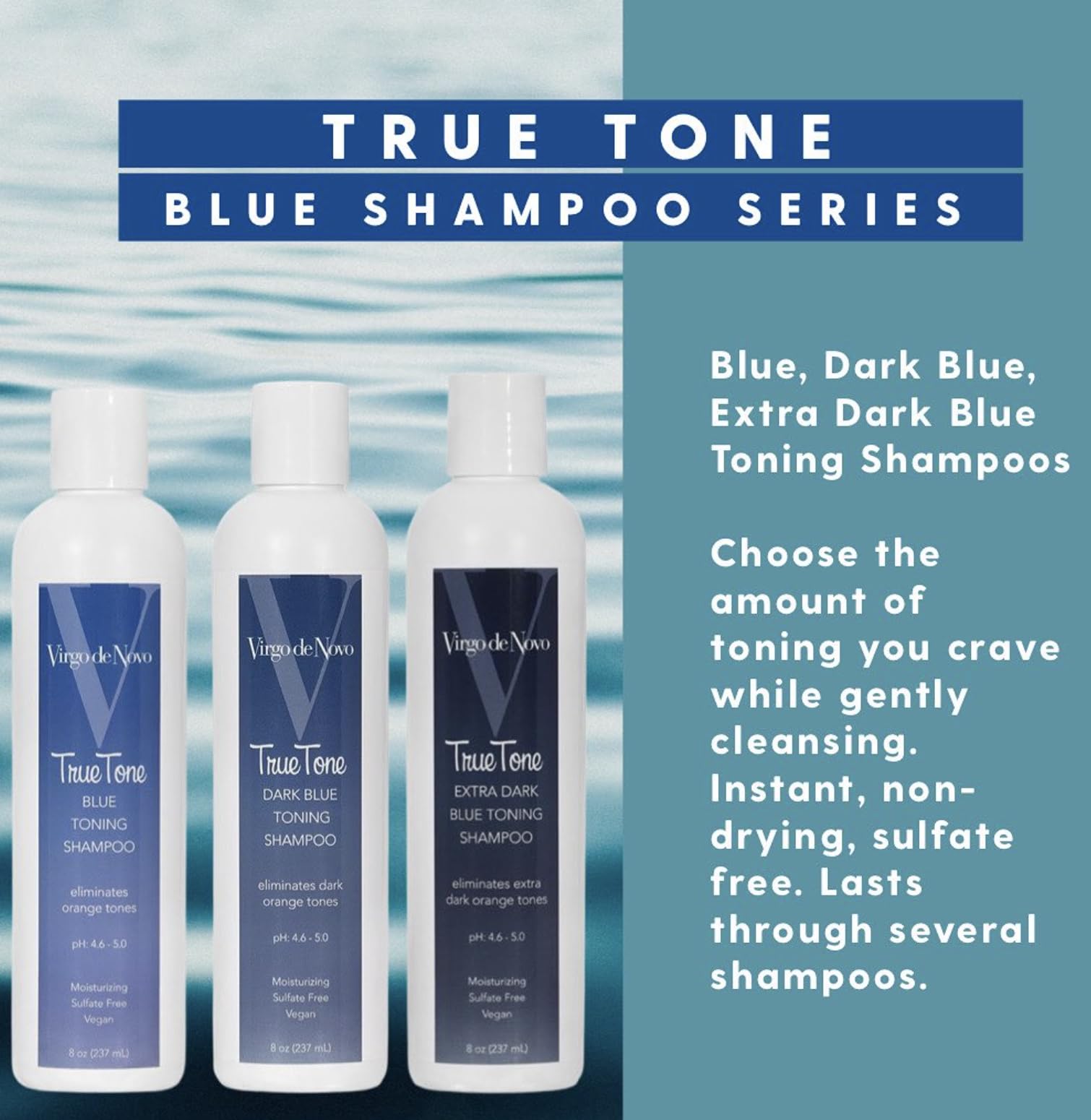 Virgo de Novo Blue Toning Shampoo 8 oz – Neutralizes Brass & Orange Tones (Sulfate-Free, Vegan)
