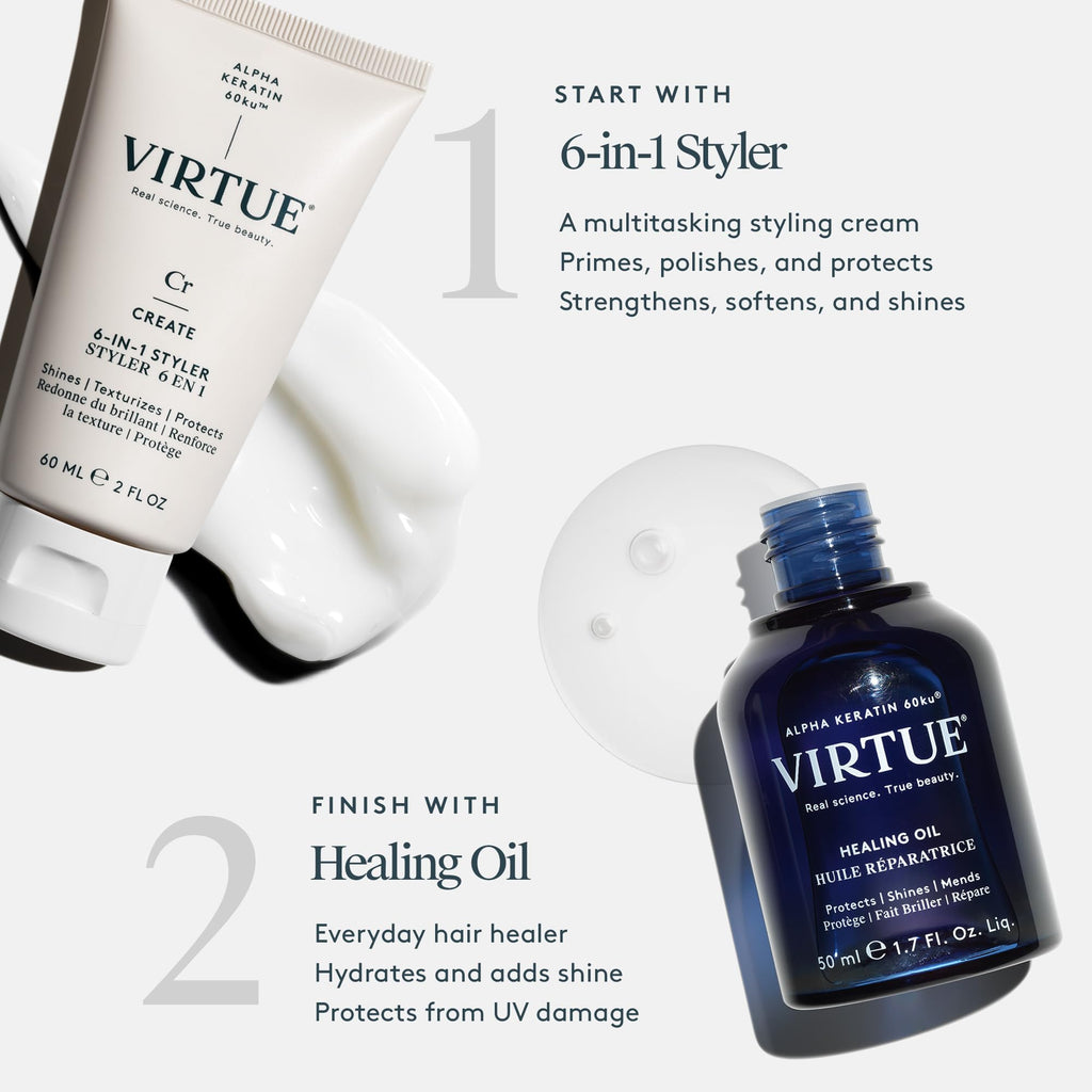 VIRTUE Healing Hair Oil & 6-in-1 Styling Cream Bundle – Repair, Protect, Style for All Hair Types