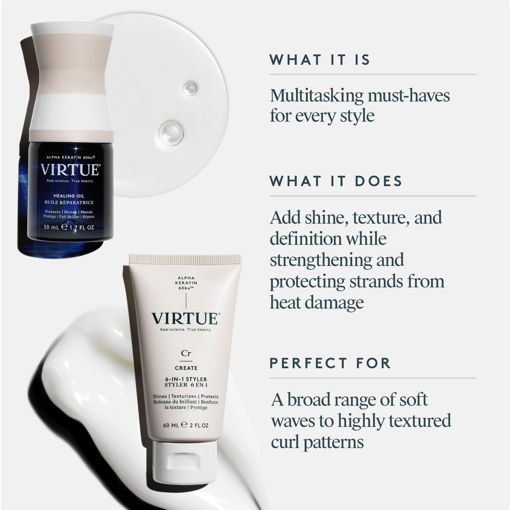 VIRTUE Healing Hair Oil & 6-in-1 Styling Cream Bundle – Repair, Protect, Style for All Hair Types