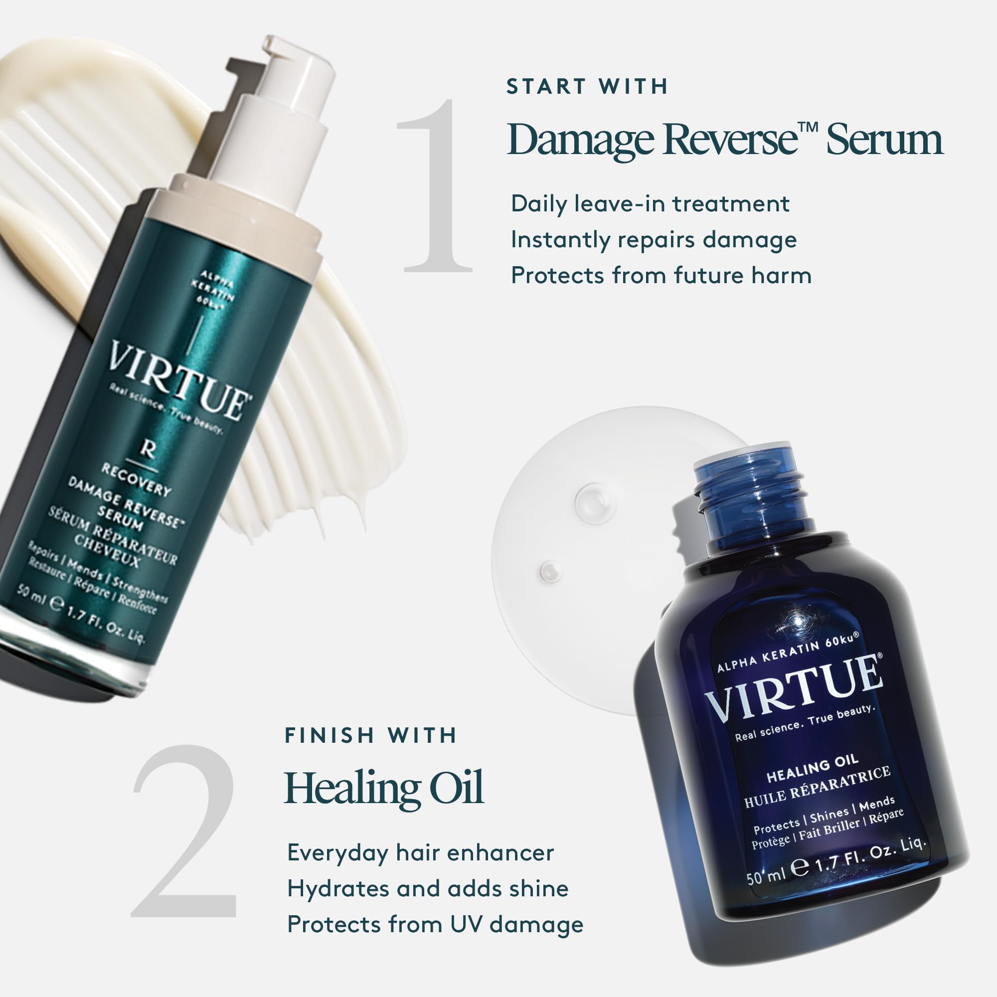 VIRTUE Recovery Damage Reverse Hair Serum | Lightweight Cream-to-Serum for All Hair Types