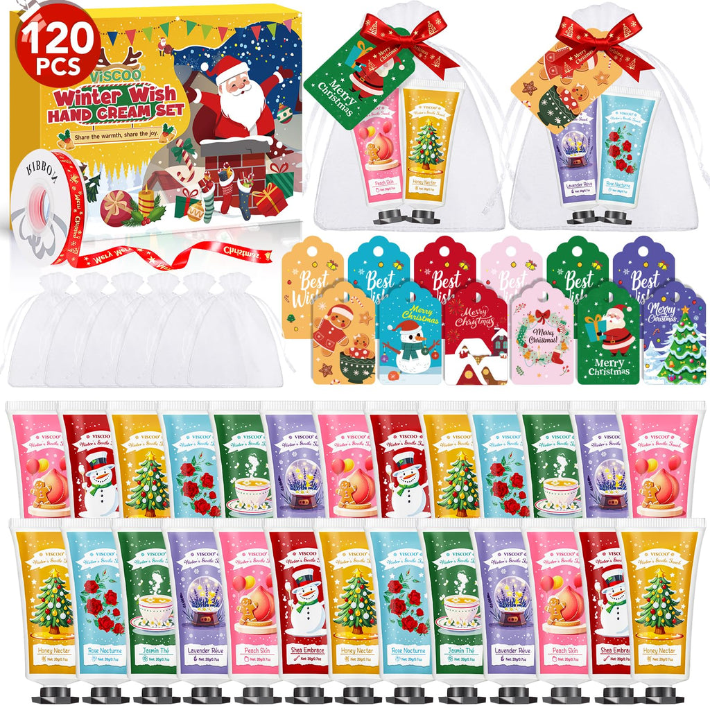 VISCOO 120-Set Christmas Hand Cream Gift Set | 6 Scents, Cards & Organza Bags