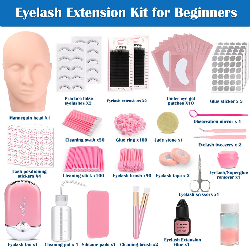 VISCOO Eyelash Extension Kit for Beginners – Complete Lash Starter Set with Mannequin Head