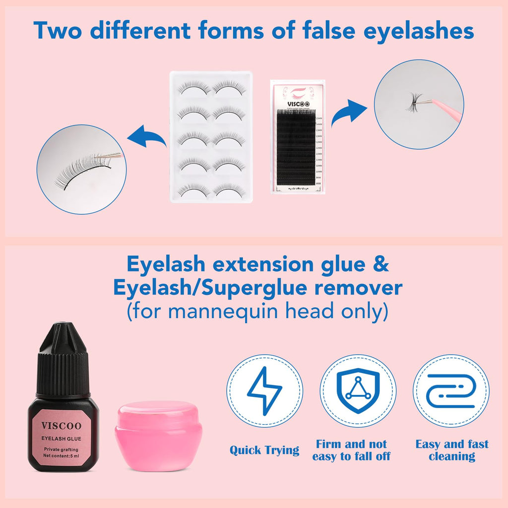 VISCOO Eyelash Extension Kit for Beginners – Complete Lash Starter Set with Mannequin Head