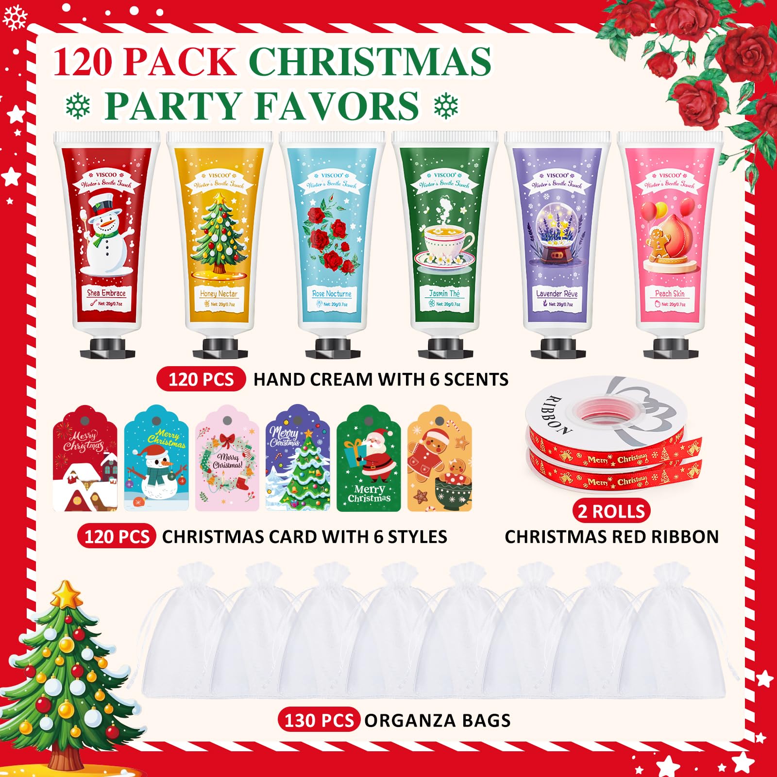 VISCOO 120-Set Christmas Hand Cream Gift Set | 6 Scents, Cards & Organza Bags