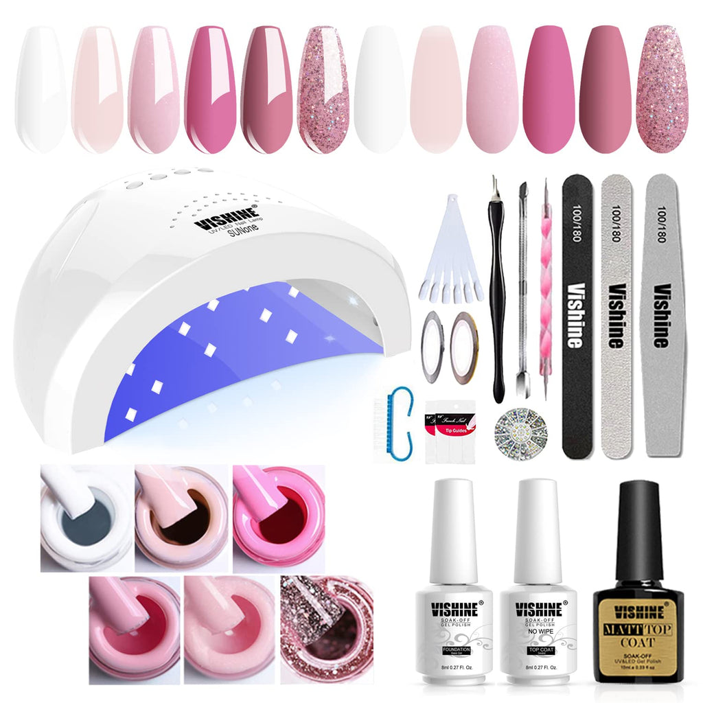 Vishine Gel Nail Polish Starter Kit + 48W SUNOne Lamp – 6 Colors, Base & Top Coats