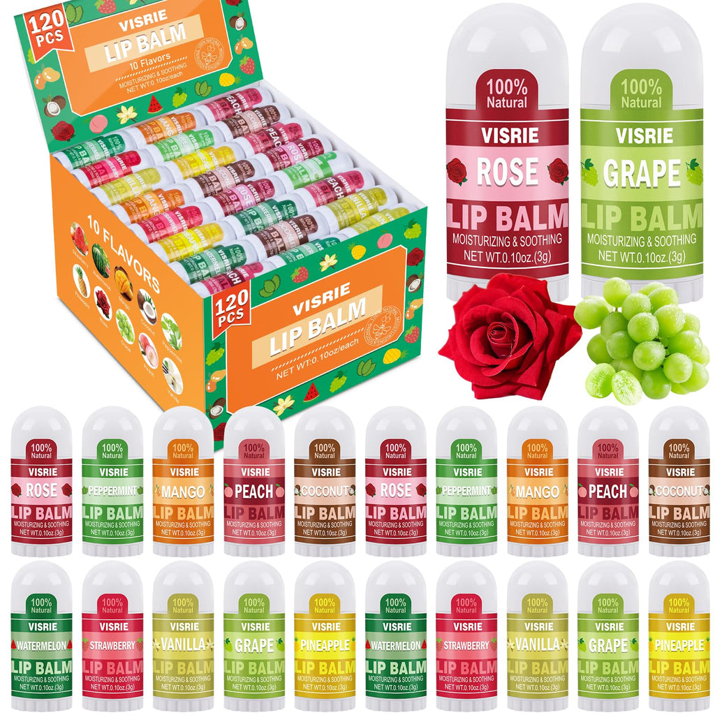 VISRIE Mini Lip Balm 120 Pack – 10 Flavors with Vitamin E & Coconut Oil