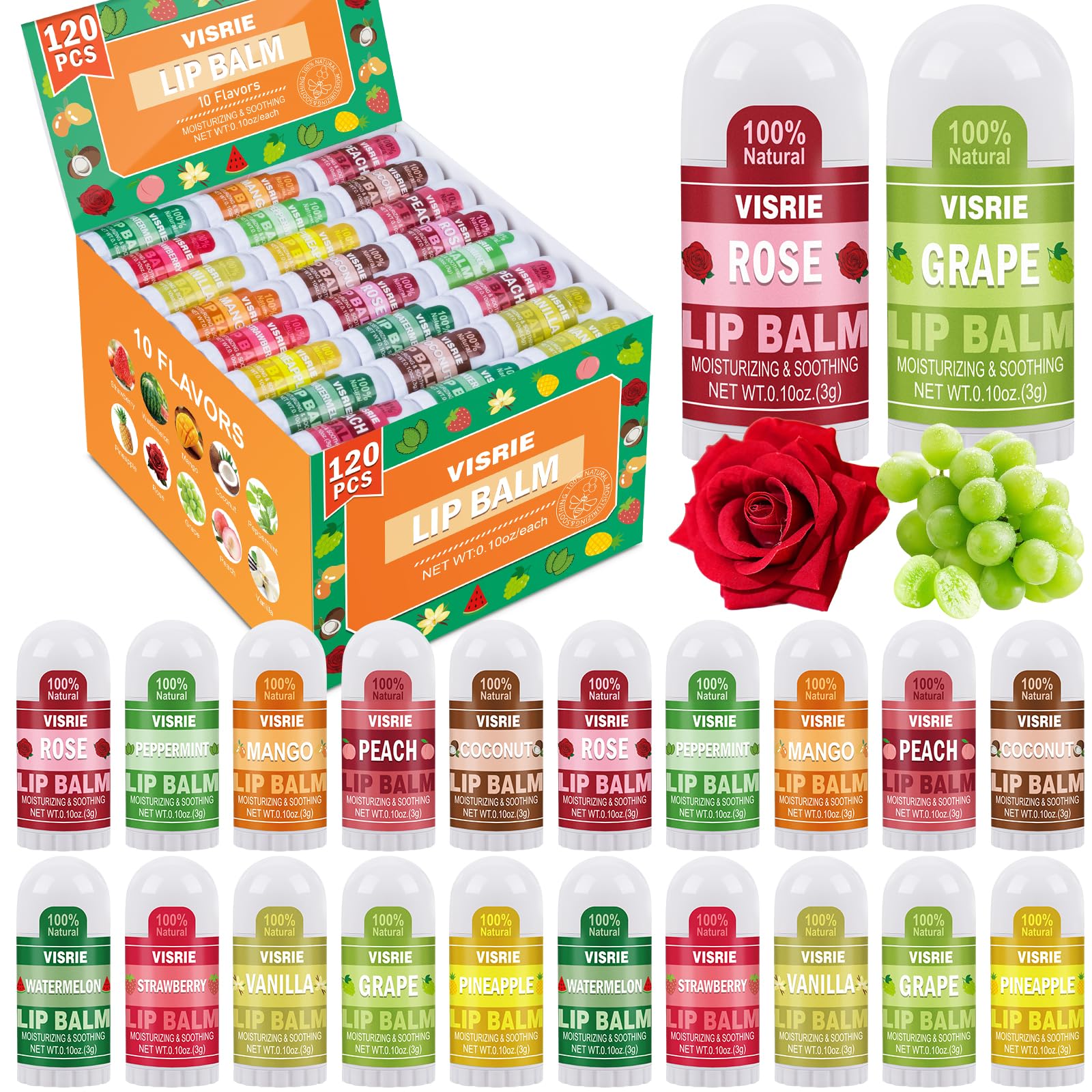 VISRIE Mini Lip Balm 120 Pack – 10 Flavors with Vitamin E & Coconut Oil
