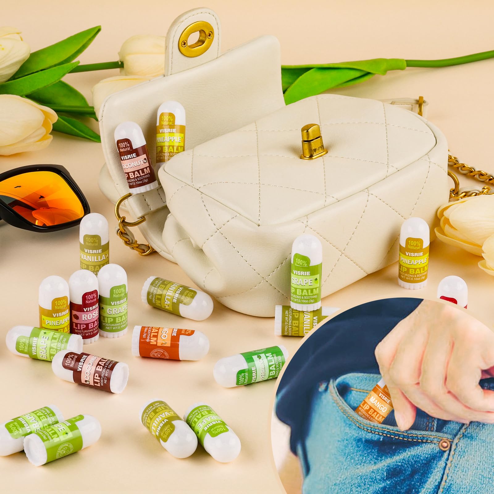 VISRIE Mini Lip Balm 120 Pack – 10 Flavors with Vitamin E & Coconut Oil