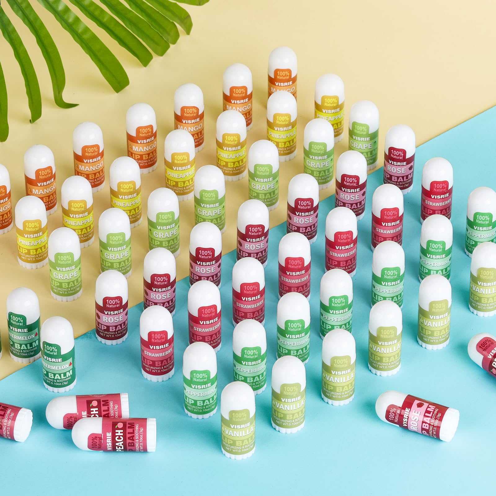 VISRIE Mini Lip Balm 120 Pack – 10 Flavors with Vitamin E & Coconut Oil