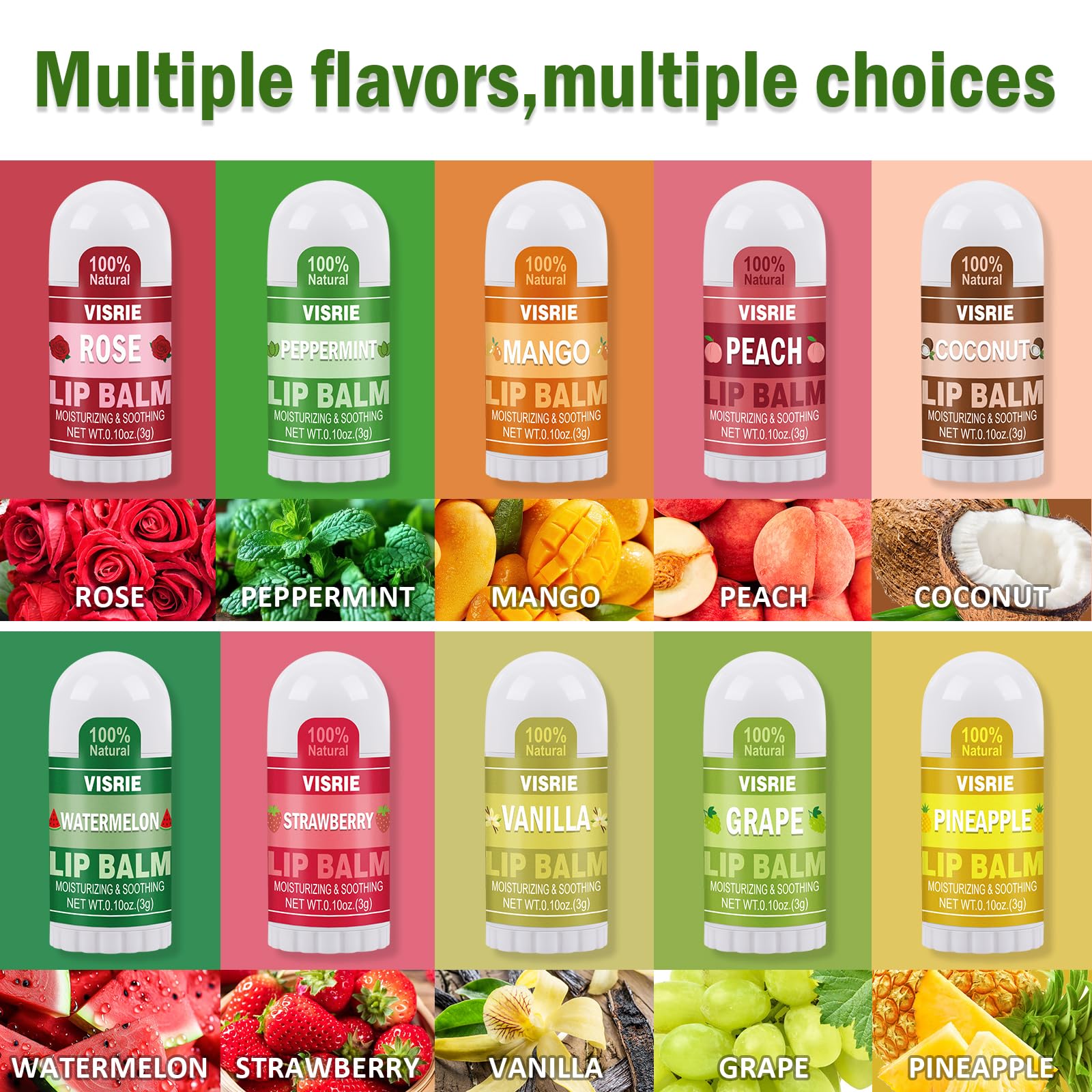 VISRIE Mini Lip Balm 120 Pack – 10 Flavors with Vitamin E & Coconut Oil