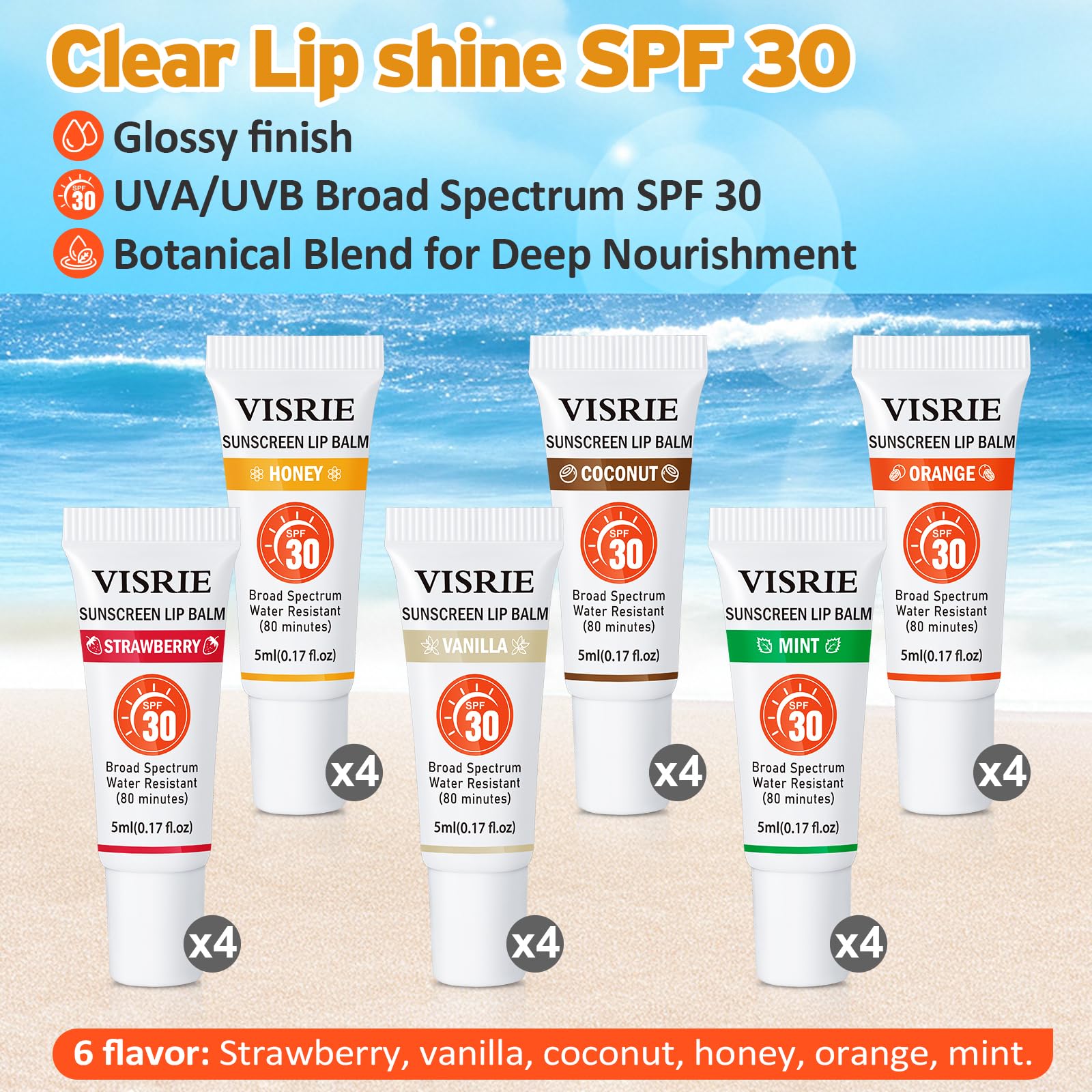 VISRIE SPF 30 Lip Sunscreen – 24 Pack Lip Balm with Vitamin E & Shea Butter, Clear