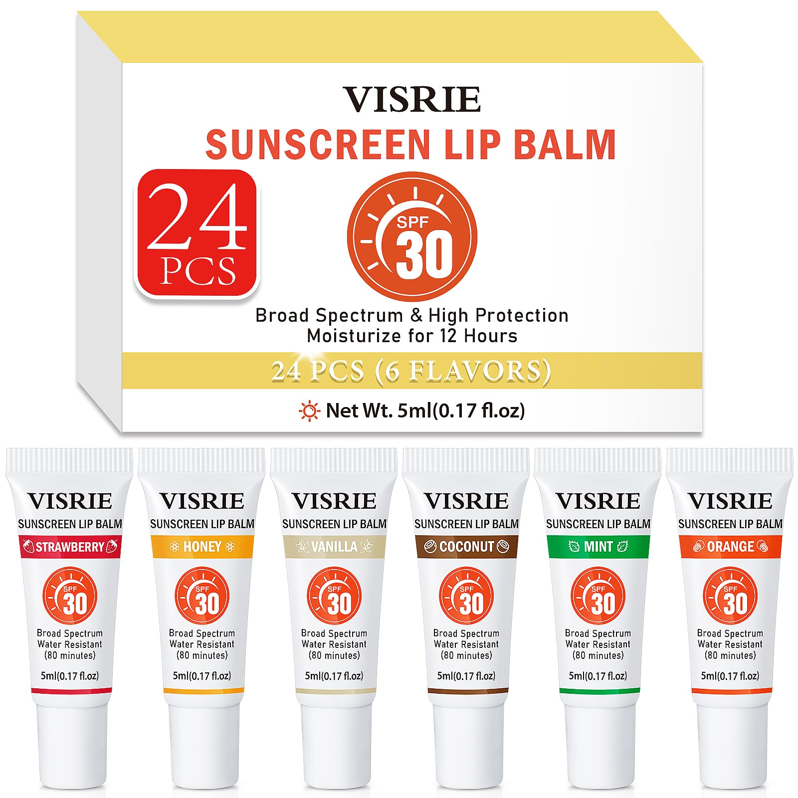 VISRIE SPF 30 Lip Sunscreen – 24 Pack Lip Balm with Vitamin E & Shea Butter, Clear