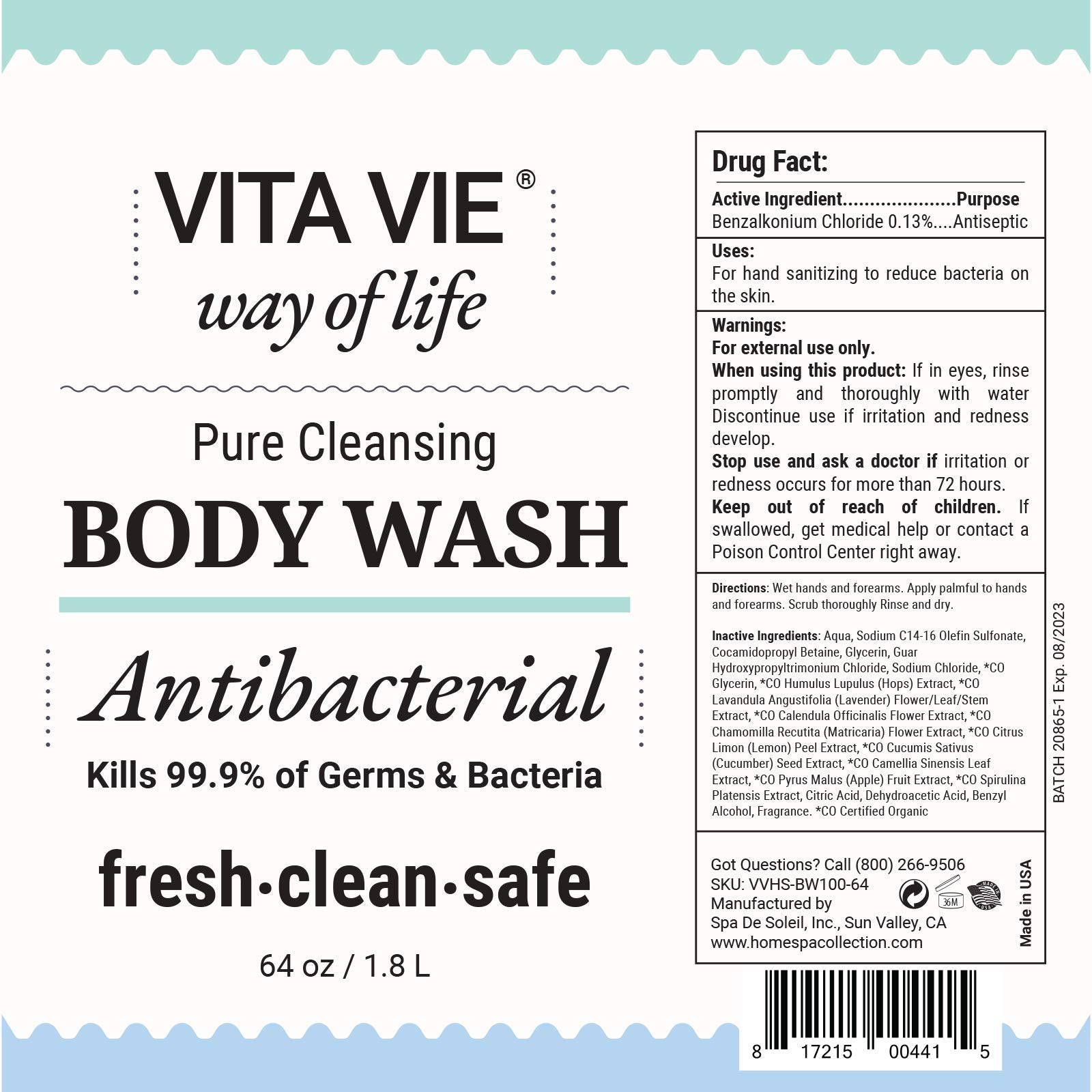 VITA VIE Body Wash Refill – Lemon Scent, Antibacterial Hand & Forearm Wash (64 oz)
