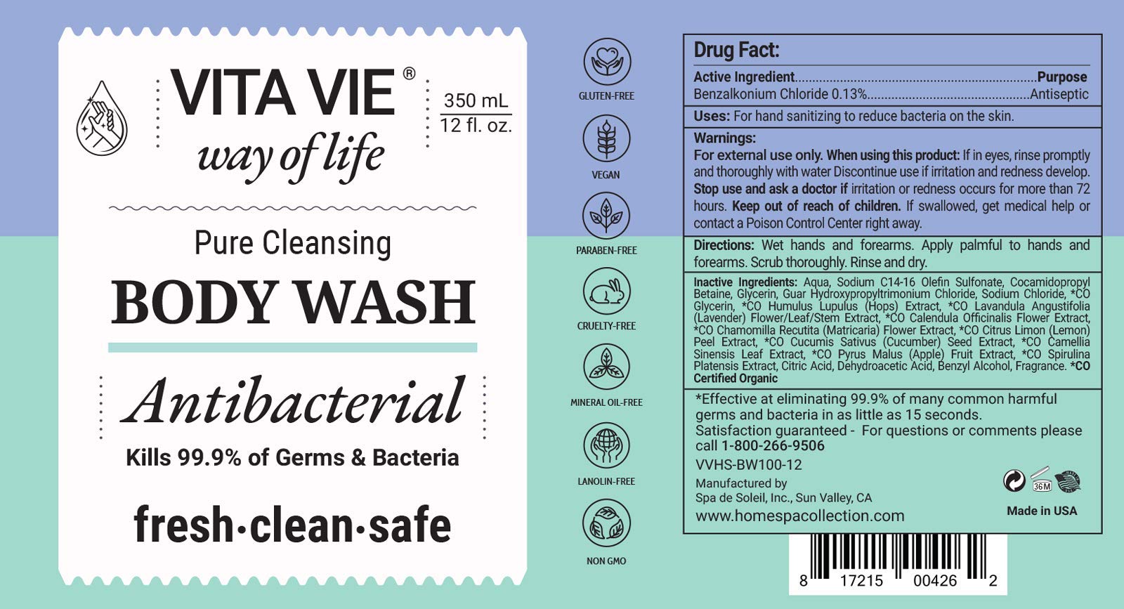 VITA VIE Body Wash with Lemon Scent – Antibacterial Hand & Forearm Cleanser