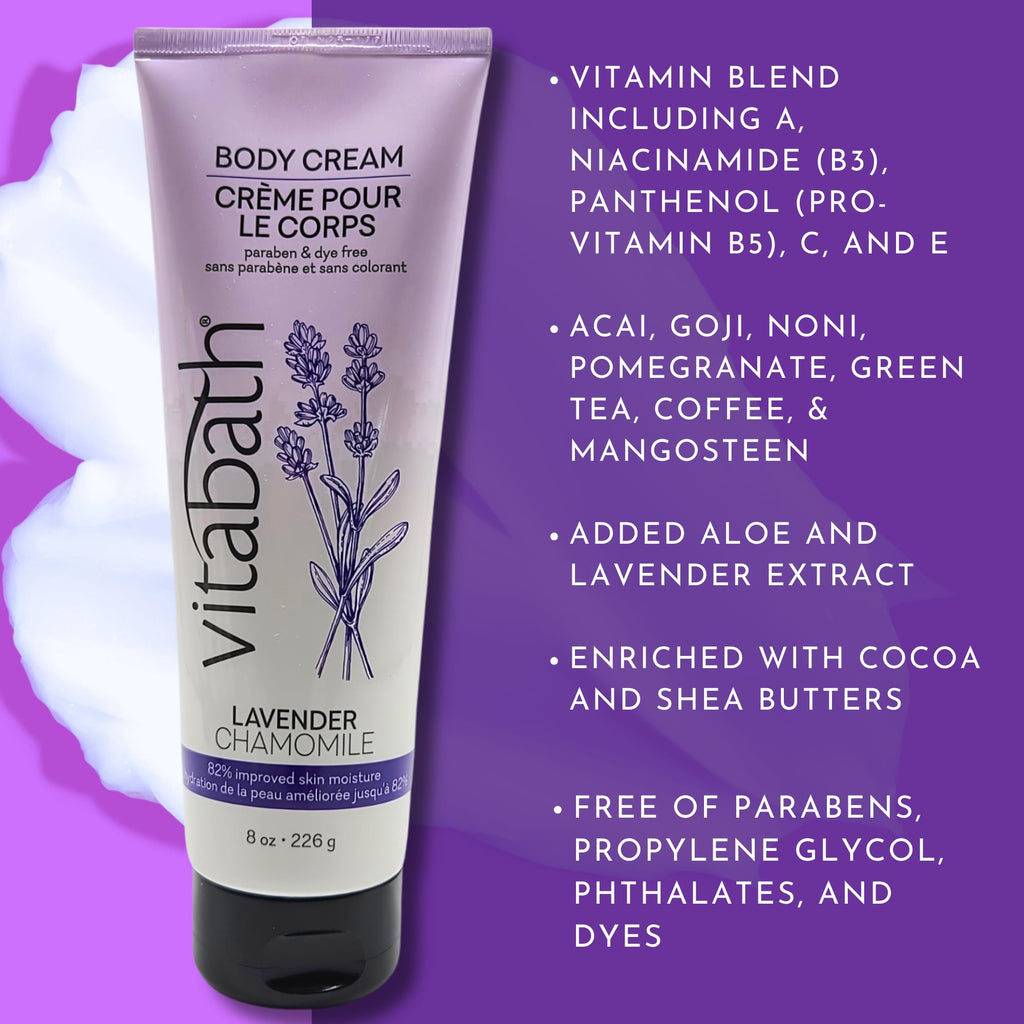 Vitabath Lavender Chamomile Moisturizing Body Cream – Soothing Hydration with Vitamin-Rich Skin Care (8 oz)