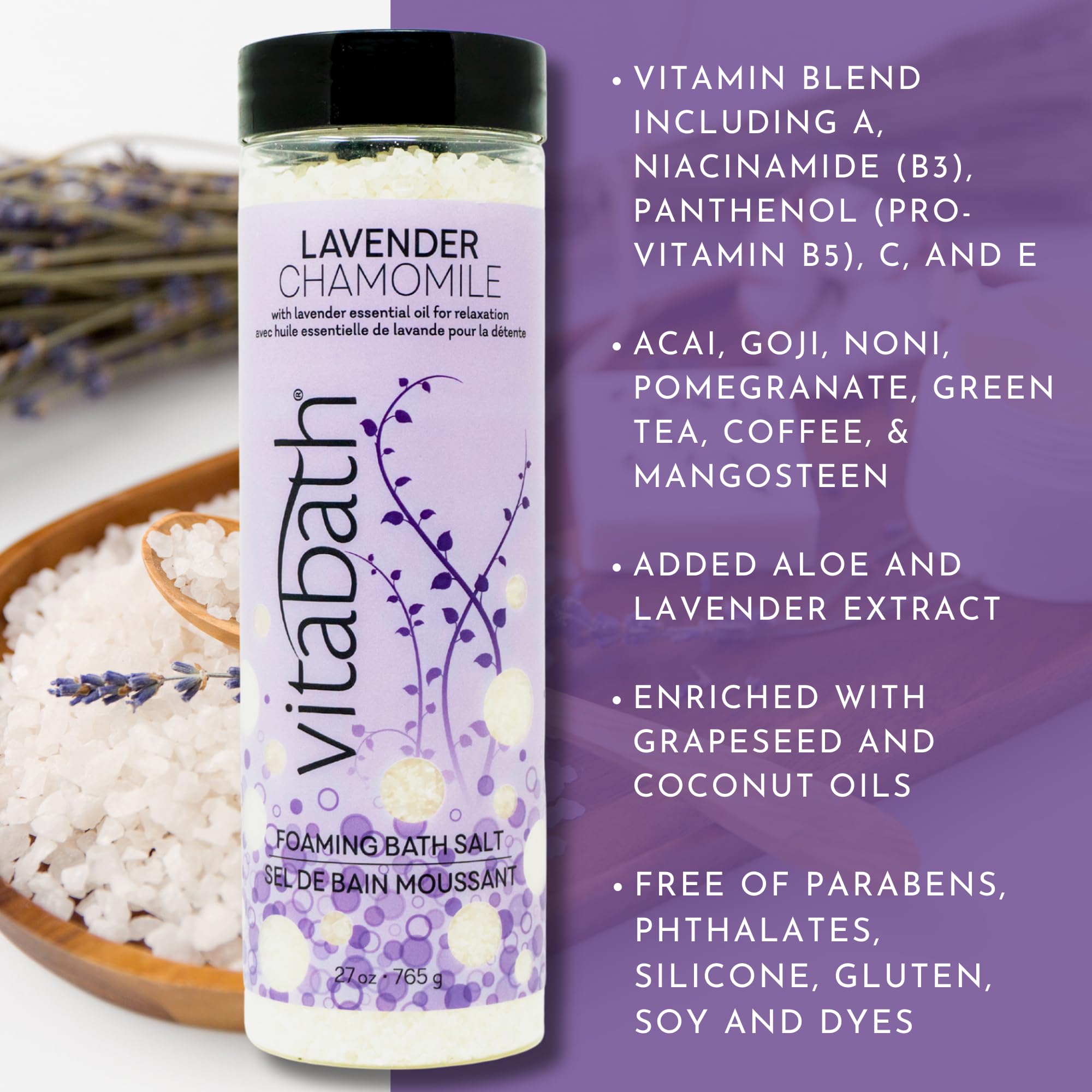 Vitabath Lavender Chamomile Foaming Bath Salts – Relaxing Bubble Bath, Muscle & Body Ache Soothing, 27 oz