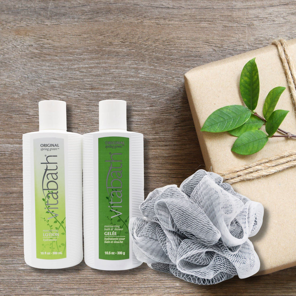 Vitabath Original Spring Green Skincare Set – Shower Gel, Reviving Lotion & Exfoliating Pouf