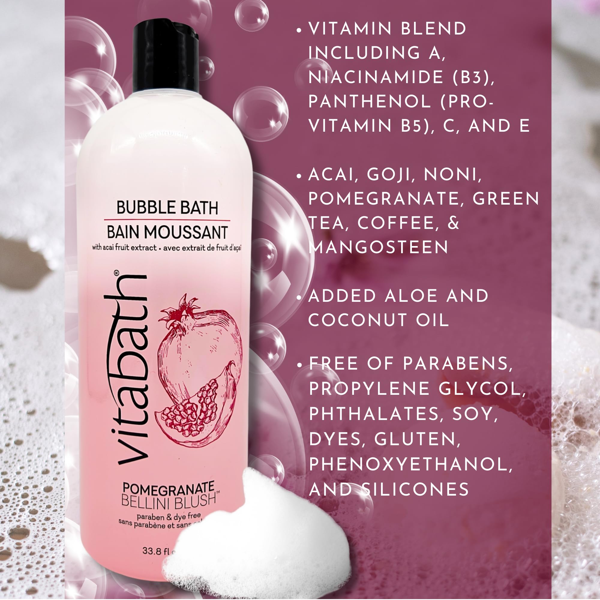 Vitabath Pomegranate Bellini Blush Bubble Bath – Rich Foaming & Aromatherapy (33.8 fl oz)