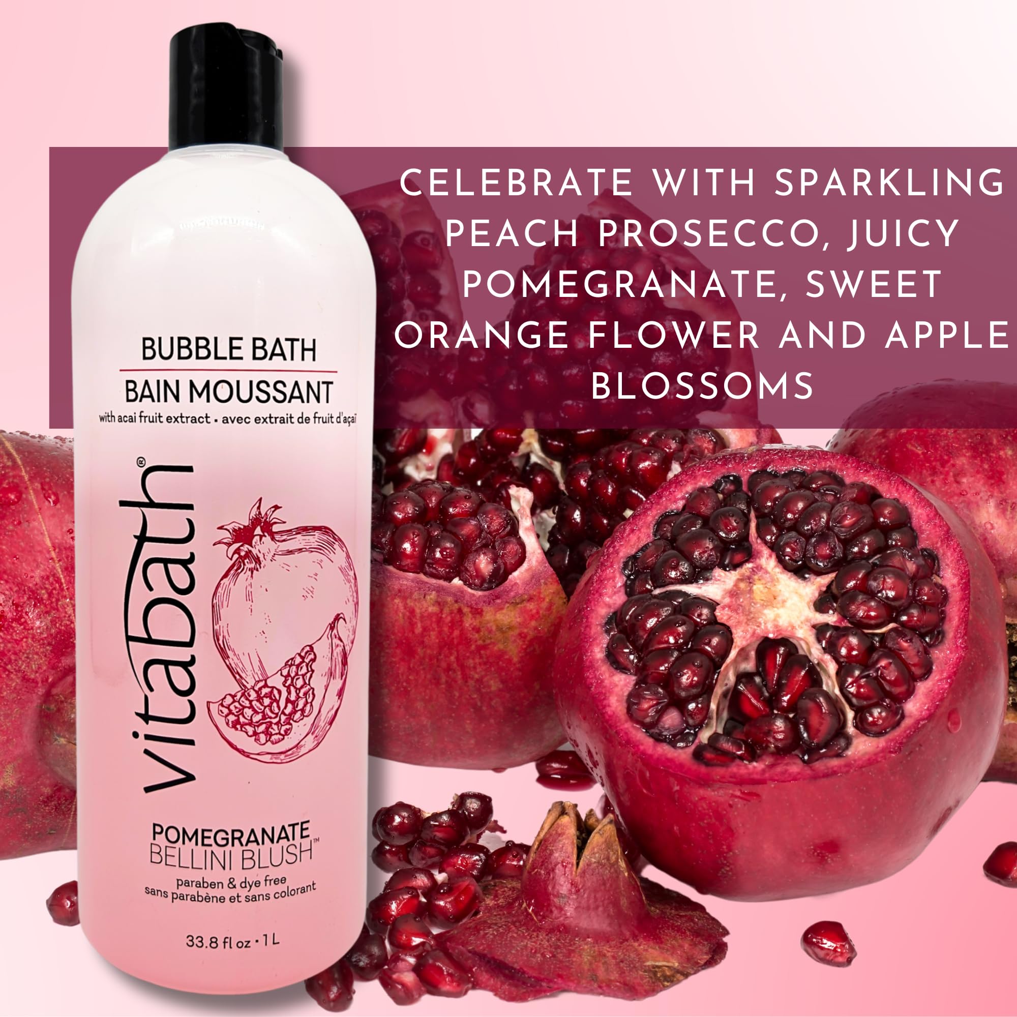 Vitabath Pomegranate Bellini Blush Bubble Bath – Rich Foaming & Aromatherapy (33.8 fl oz)