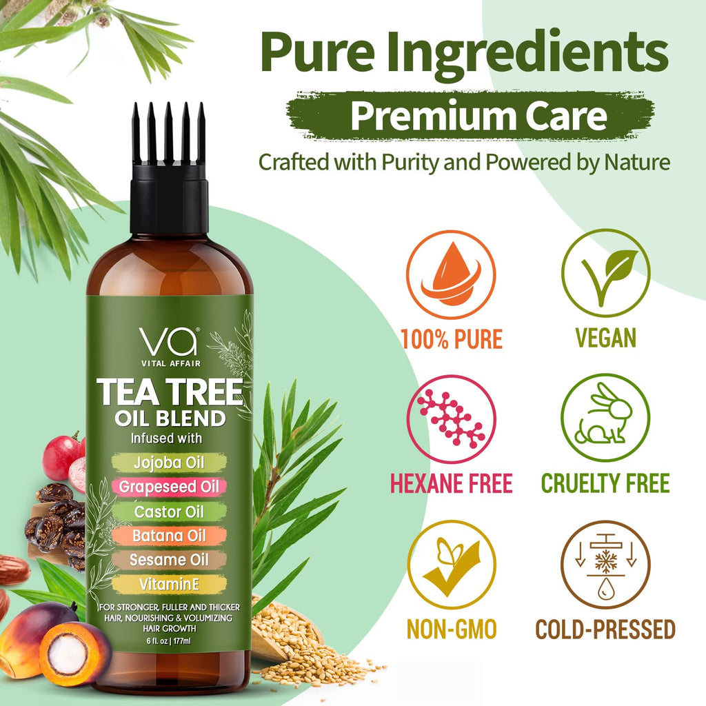 VITAL AFFAIR Tea Tree Oil Hair Treatment with Jojoba, Castor & Batana Oil – Dandruff Control & Hair Strength (6 Fl Oz)