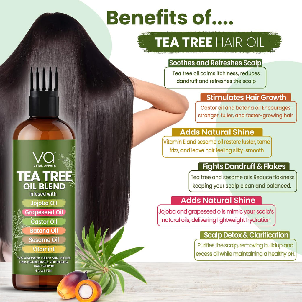 VITAL AFFAIR Tea Tree Oil Hair Treatment with Jojoba, Castor & Batana Oil – Dandruff Control & Hair Strength (6 Fl Oz)