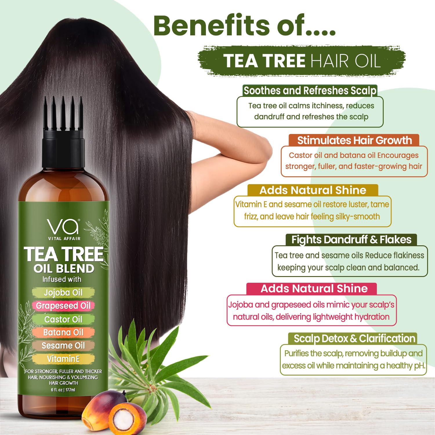 VITAL AFFAIR Tea Tree Oil Hair Treatment with Jojoba, Castor & Batana Oil – Dandruff Control & Hair Strength (6 Fl Oz)