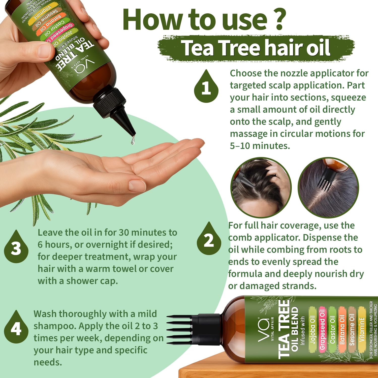 VITAL AFFAIR Tea Tree Oil Hair Treatment with Jojoba, Castor & Batana Oil – Dandruff Control & Hair Strength (6 Fl Oz)
