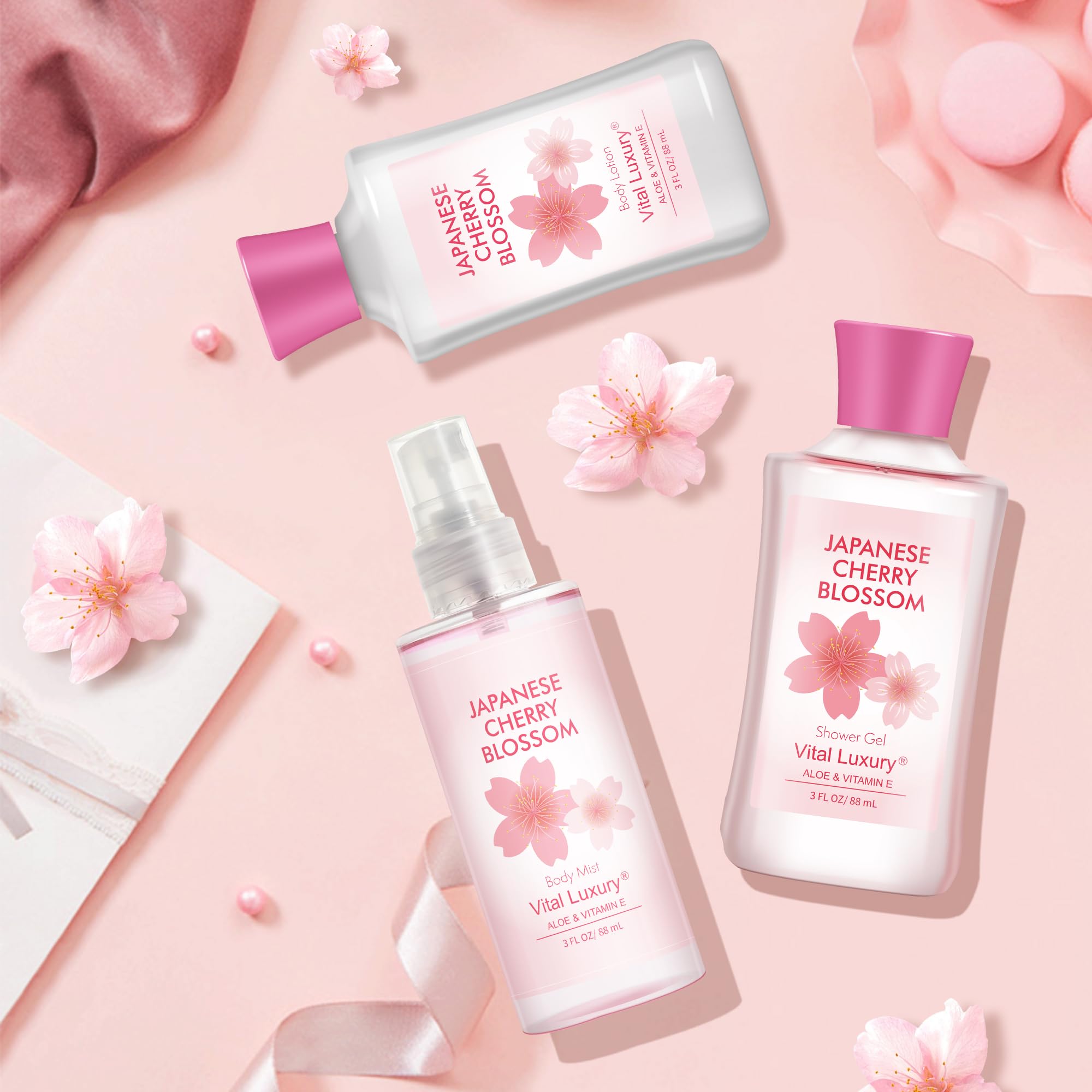 Vital Luxury Bath & Body Gift Set – Japanese Cherry Blossom, 3-Piece Travel Size Trio