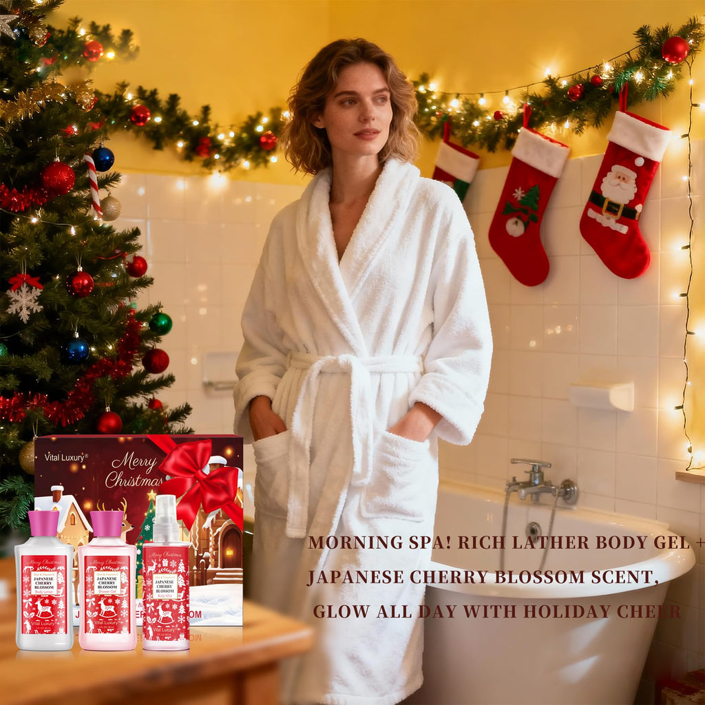 Vital Luxury Christmas Bath & Body Gift Set – Japanese Cherry Blossom Spa Kit (Gel, Lotion, Mist)