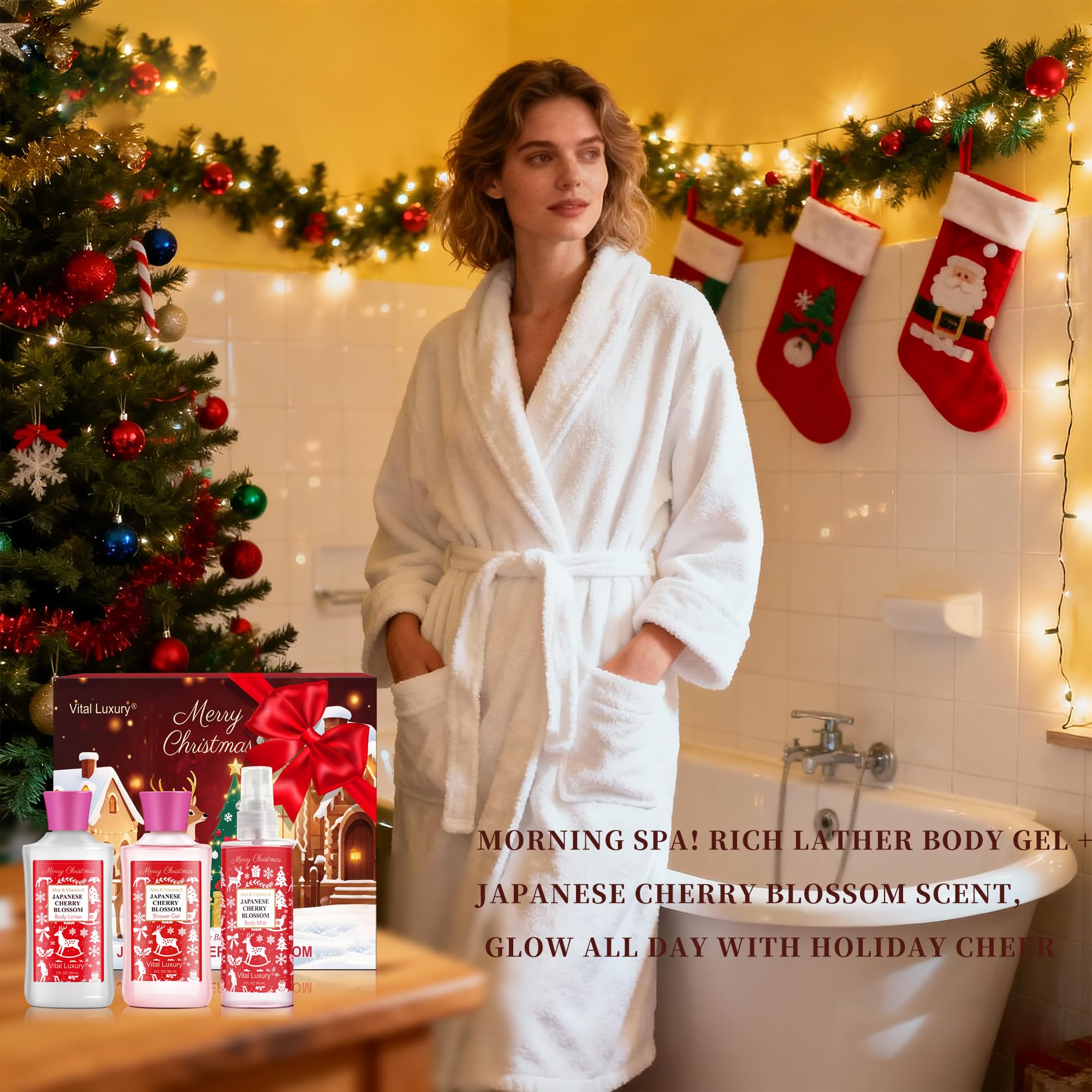 Vital Luxury Christmas Bath & Body Gift Set – Japanese Cherry Blossom Spa Kit (Gel, Lotion, Mist)