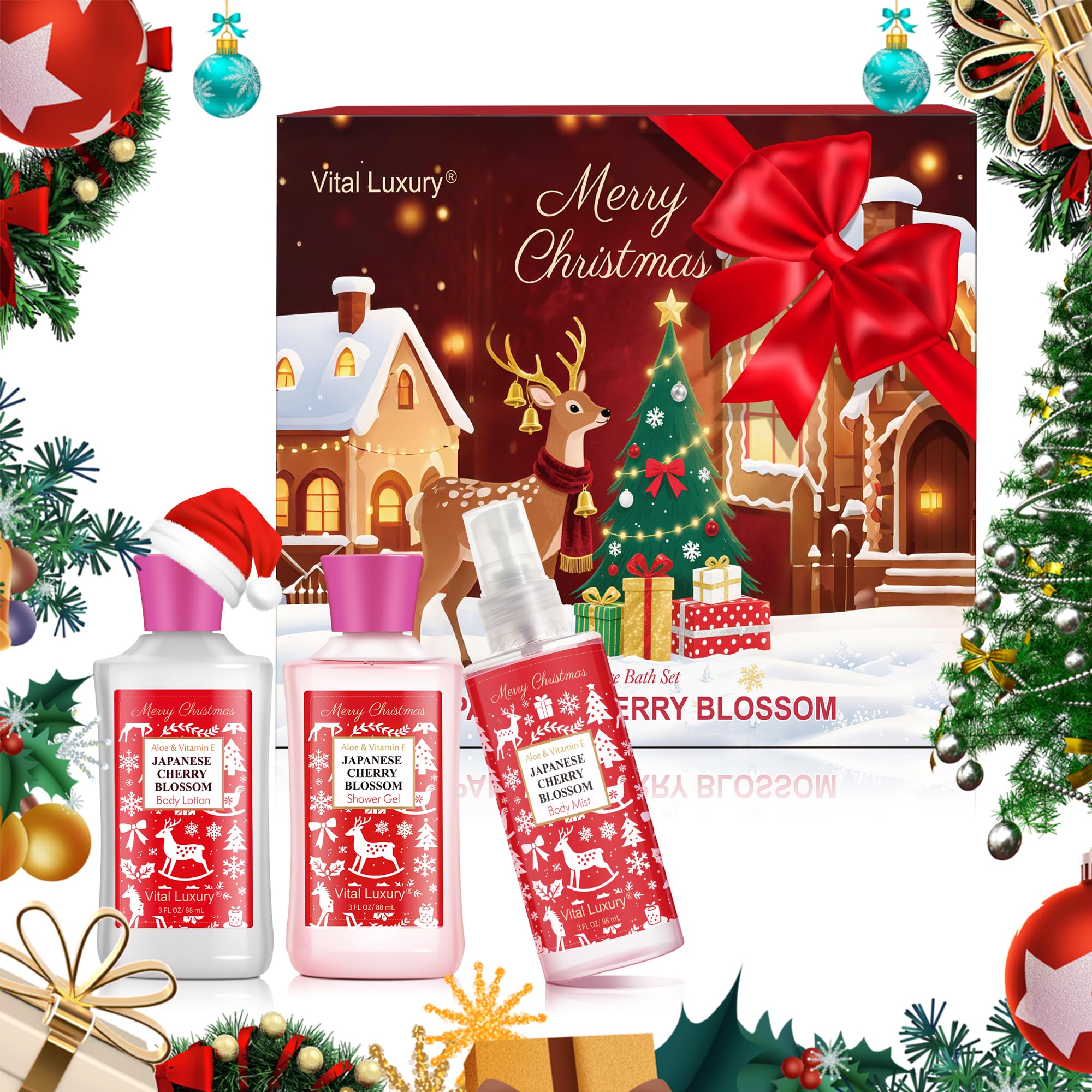 Vital Luxury Christmas Bath & Body Gift Set – Japanese Cherry Blossom Spa Kit (Gel, Lotion, Mist)