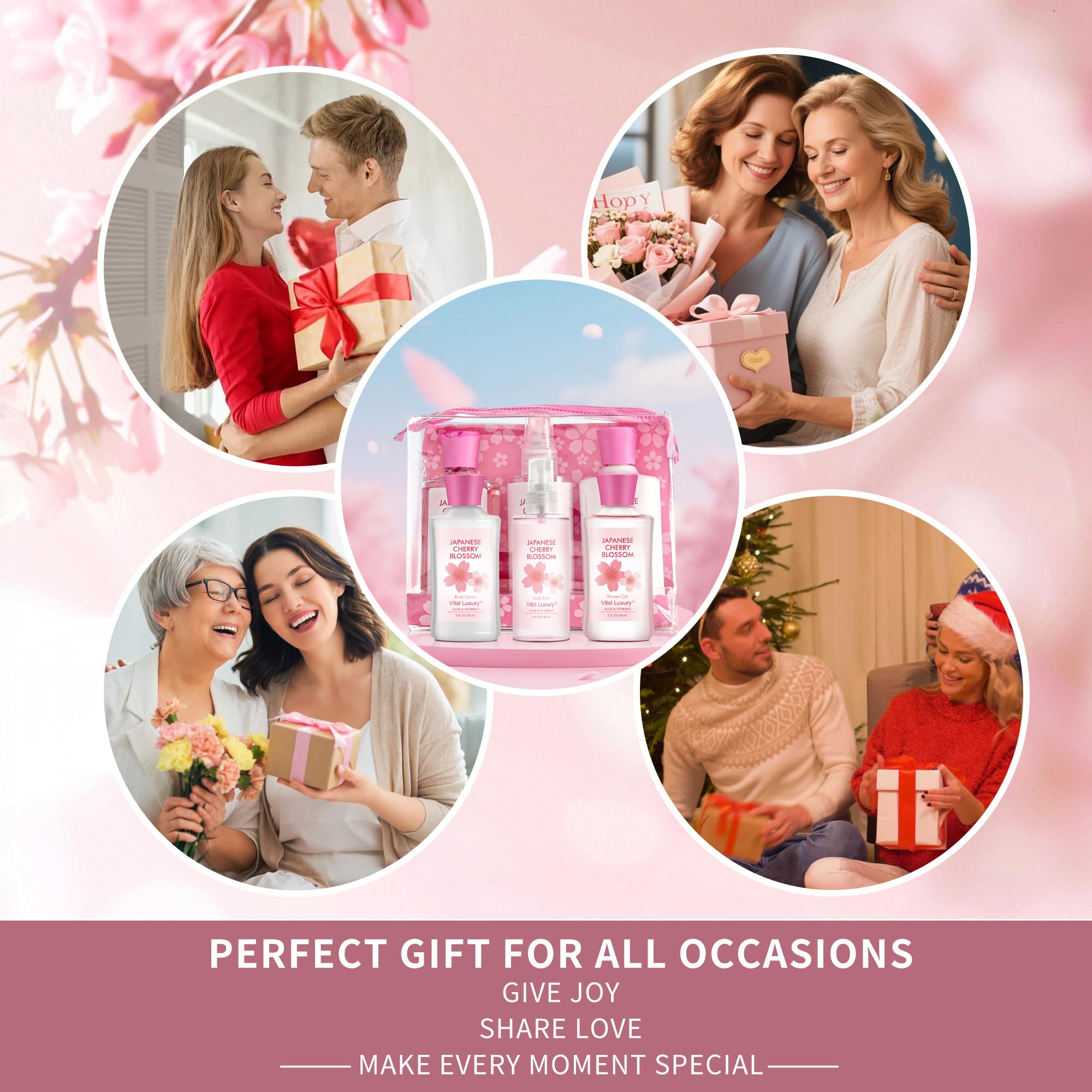 Vital Luxury Bath & Body Gift Set – Japanese Cherry Blossom, 3-Piece Travel Size Trio