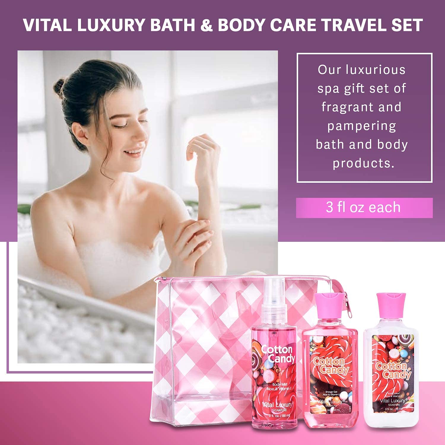 Vital Luxury Bath & Body Travel Gift Set – Cotton Candy 3pc (TSA-Friendly)