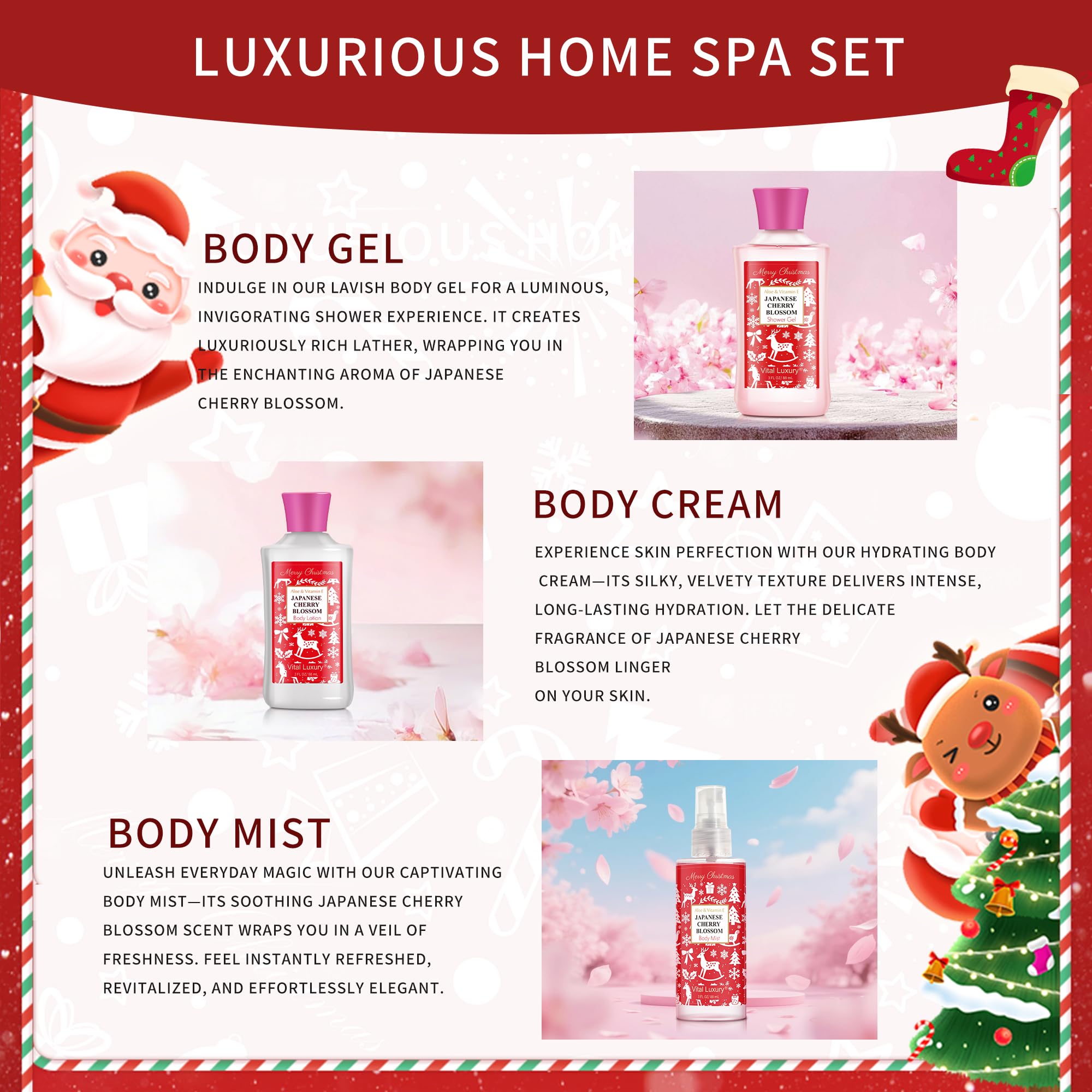 Vital Luxury Christmas Bath & Body Gift Set – Japanese Cherry Blossom Spa Kit (Gel, Lotion, Mist)