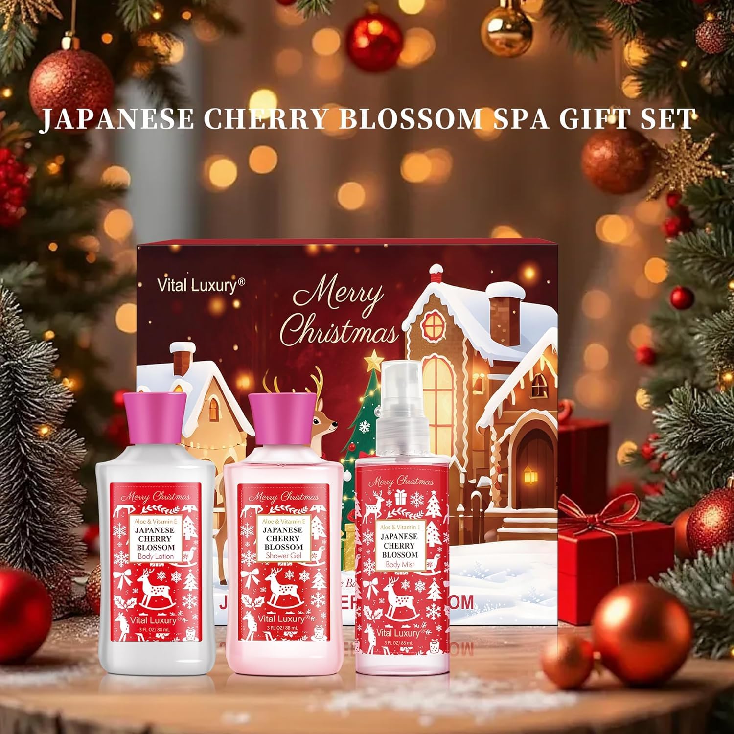 Vital Luxury Christmas Bath & Body Gift Set – Japanese Cherry Blossom Spa Kit (Gel, Lotion, Mist)