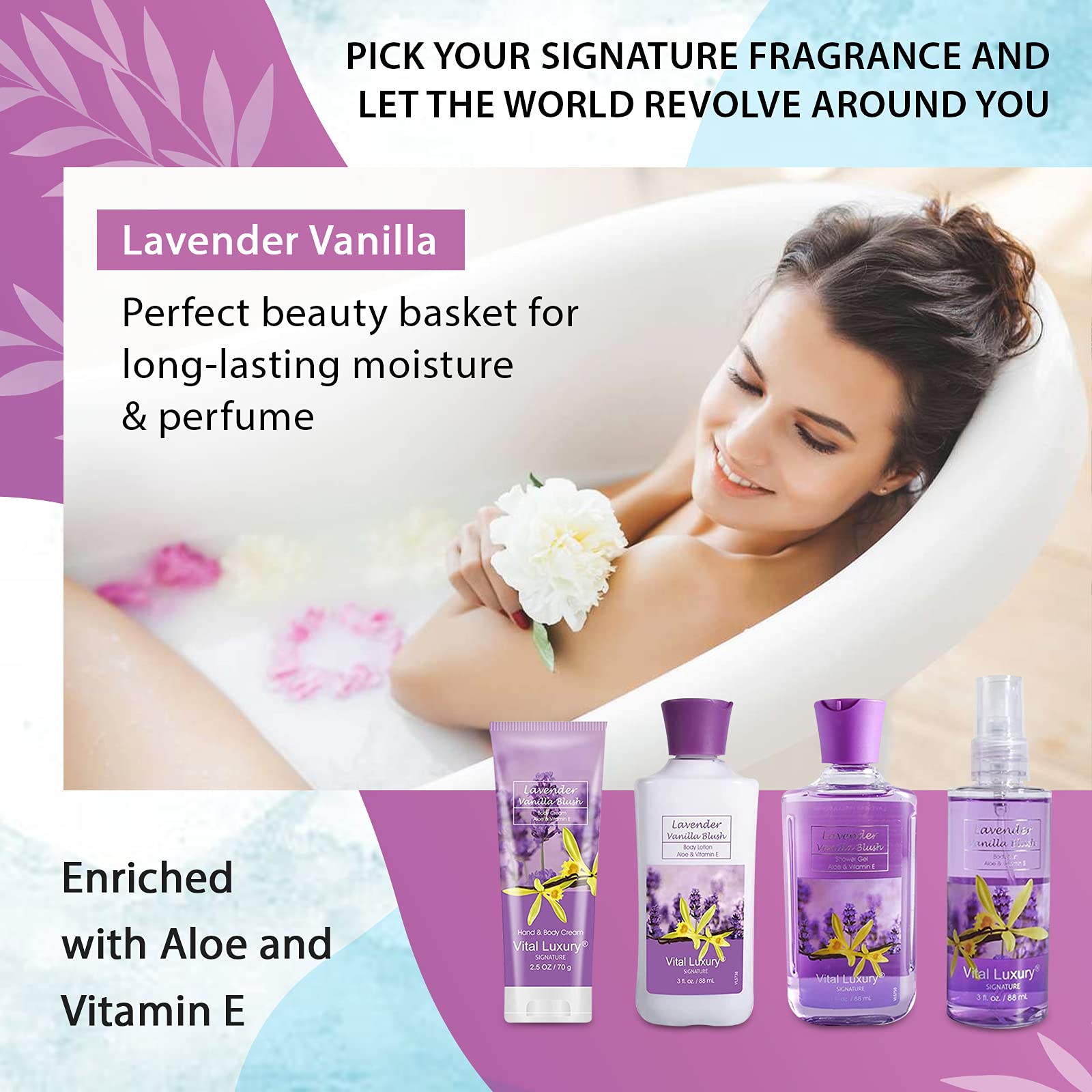 Vital Luxury Lavender Vanilla Blush Bath & Body Kit – 4×3 oz Spa Gift Set