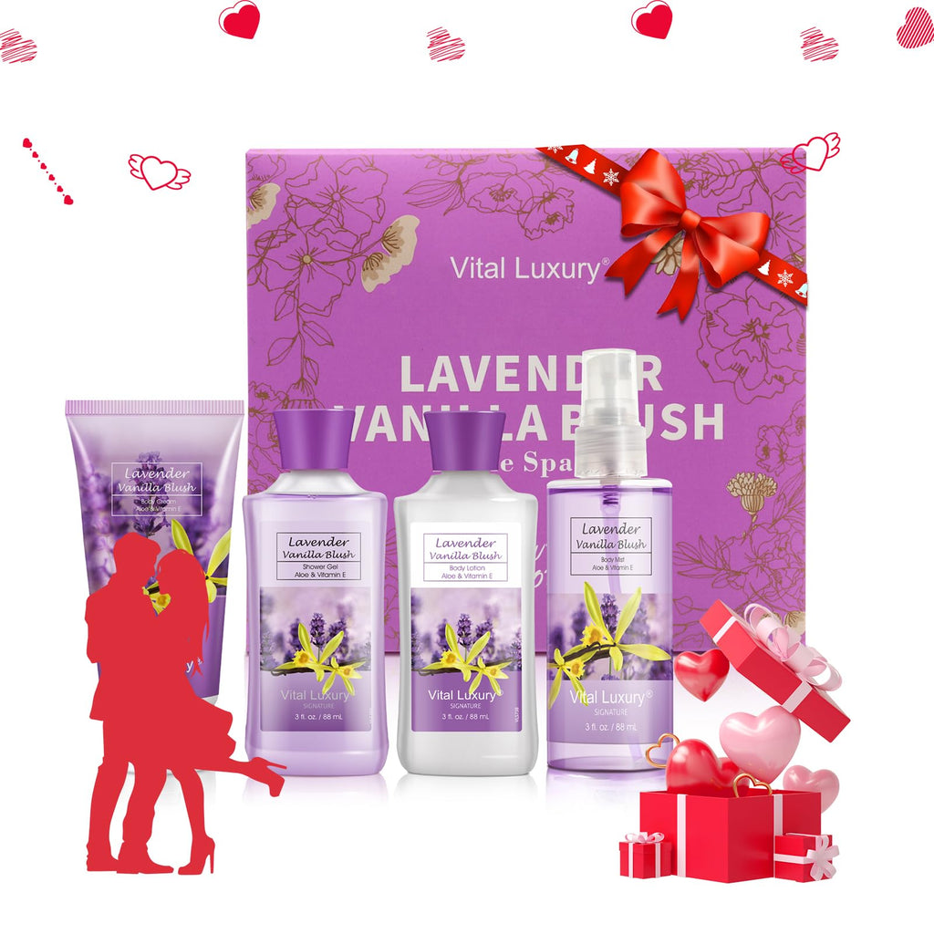 Vital Luxury Lavender Vanilla Blush Bath & Body Kit – 4×3 oz Spa Gift Set