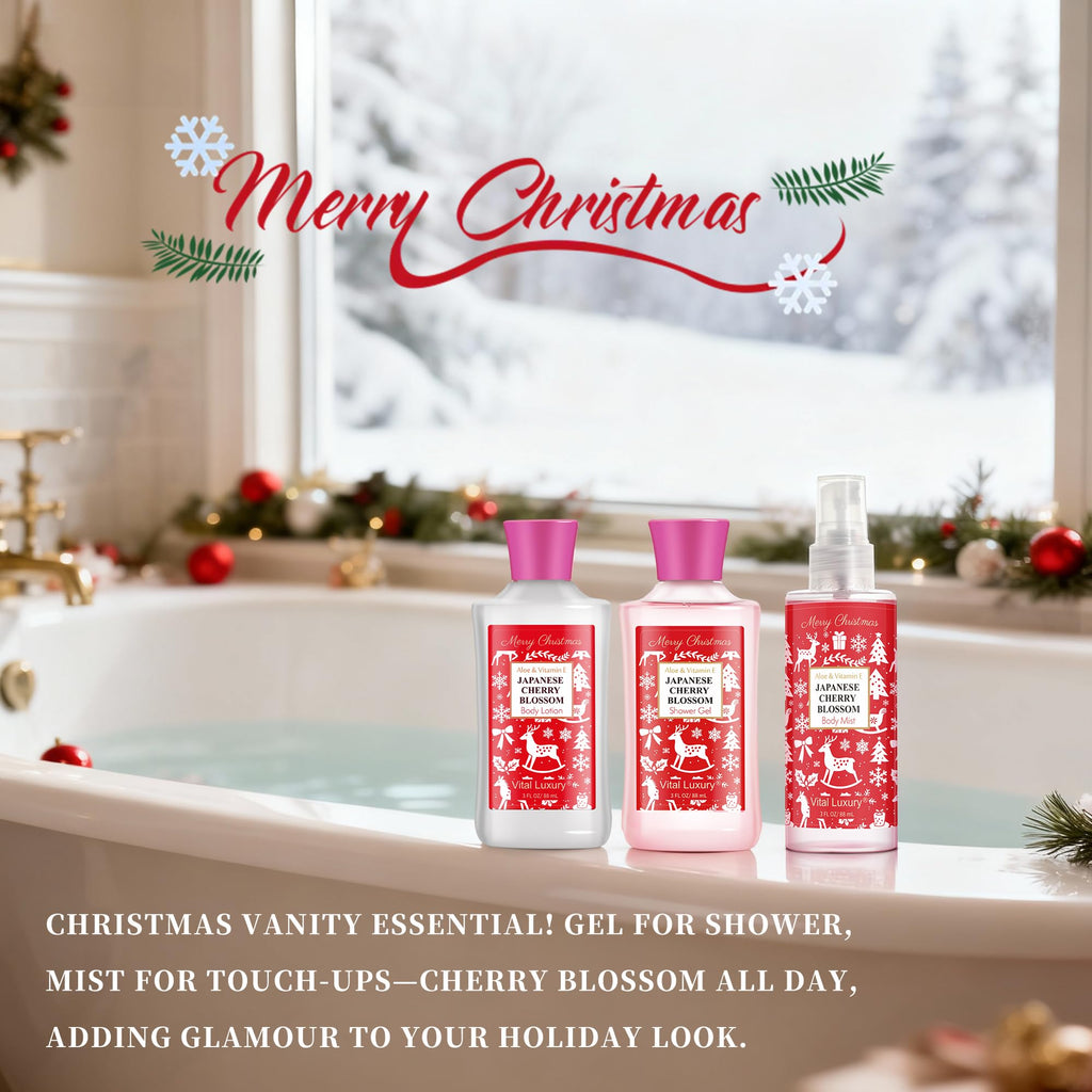 Vital Luxury Christmas Bath & Body Gift Set – Japanese Cherry Blossom Spa Kit (Gel, Lotion, Mist)