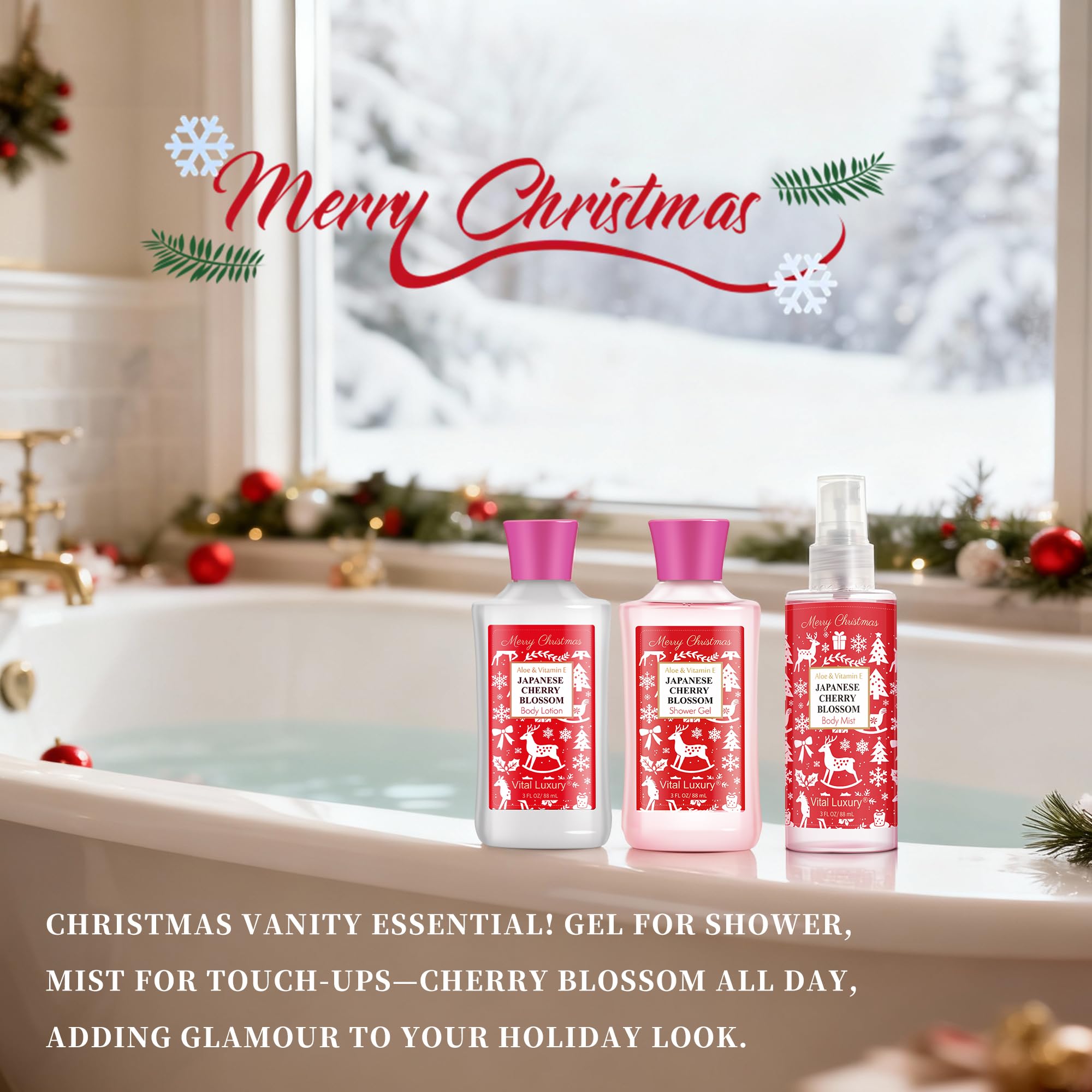Vital Luxury Christmas Bath & Body Gift Set – Japanese Cherry Blossom Spa Kit (Gel, Lotion, Mist)
