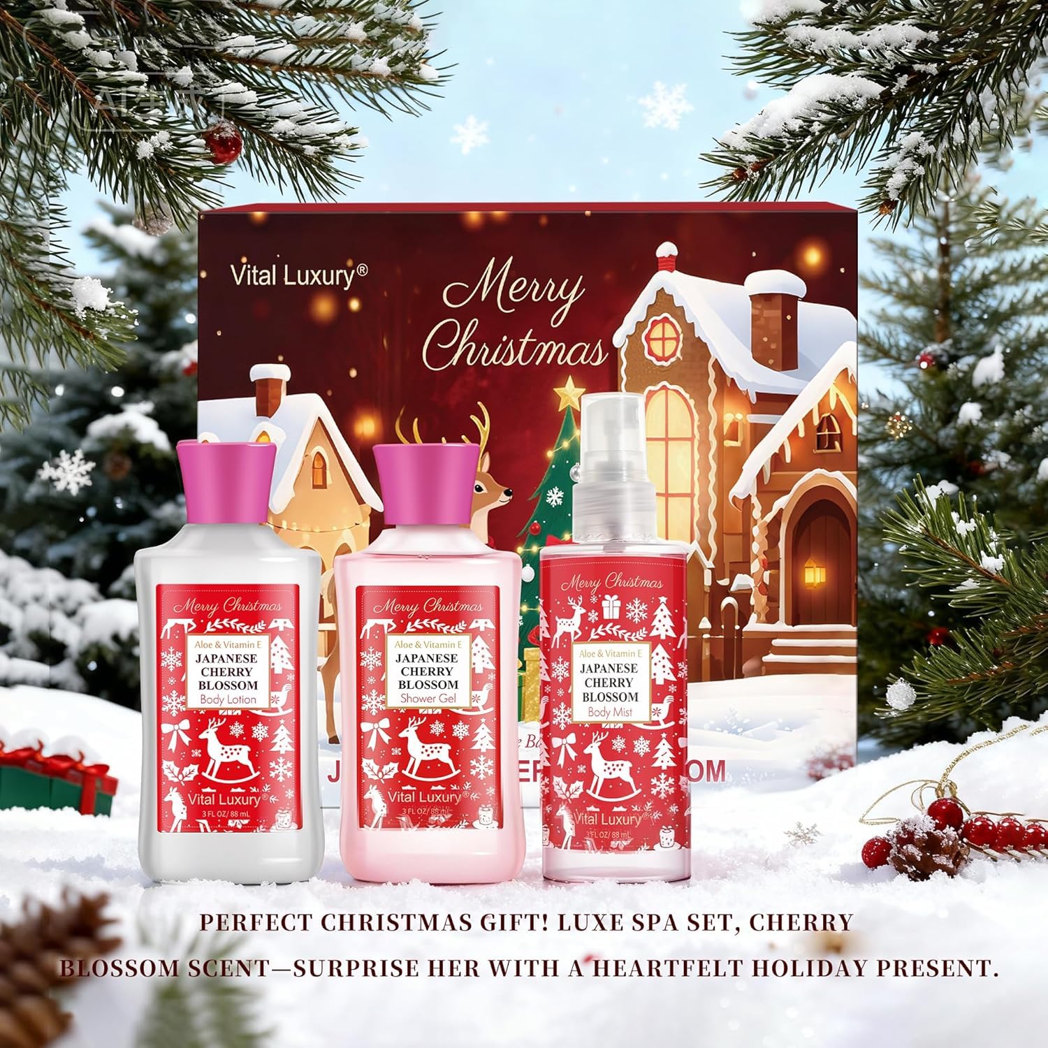 Vital Luxury Christmas Bath & Body Gift Set – Japanese Cherry Blossom Spa Kit (Gel, Lotion, Mist)