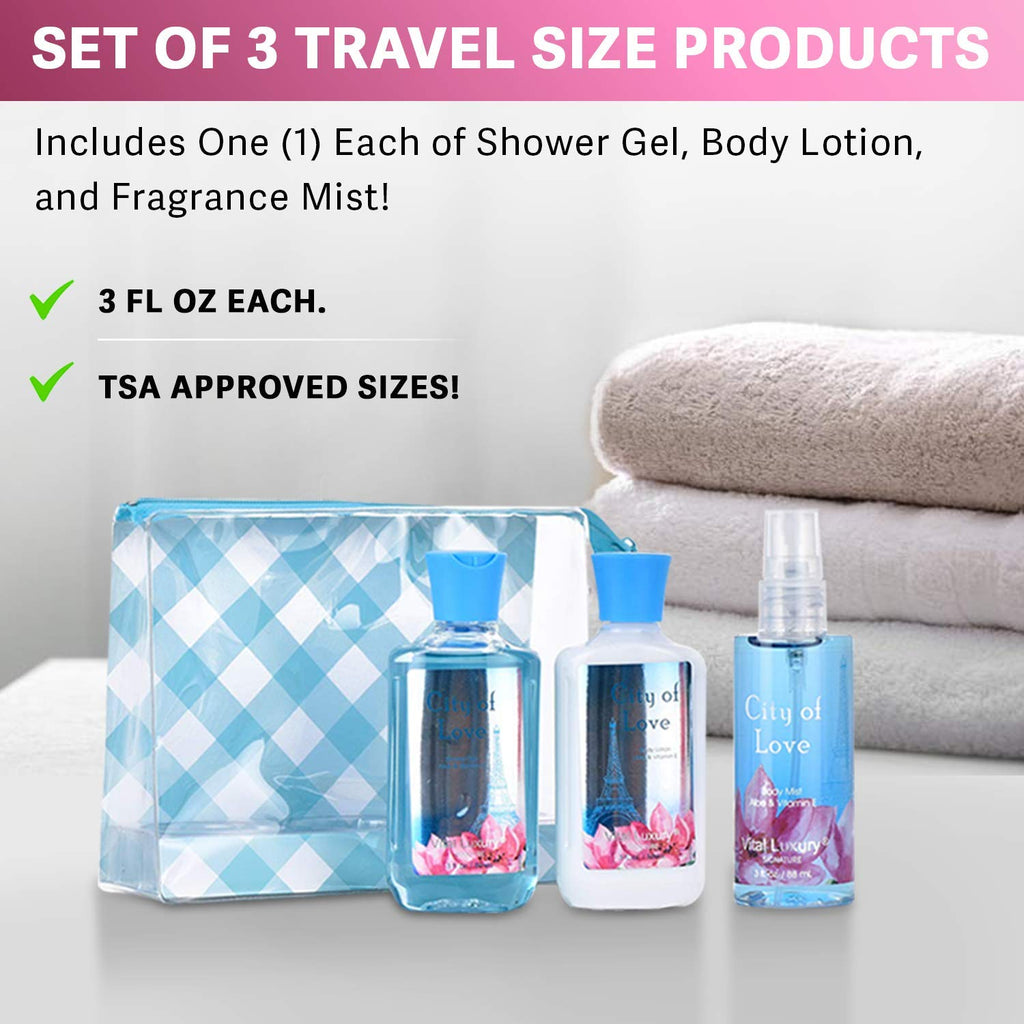 Vital Luxury Bath & Body Travel Set – City of Love: Shower Gel, Lotion, Mist
